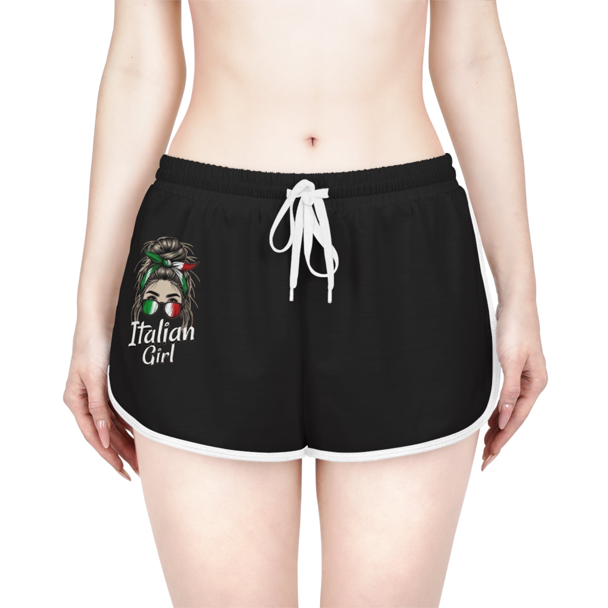 Italian Girl Women's Relaxed Shorts — Casual Black Lounge Shorts with Italian Flag Headwrap Design