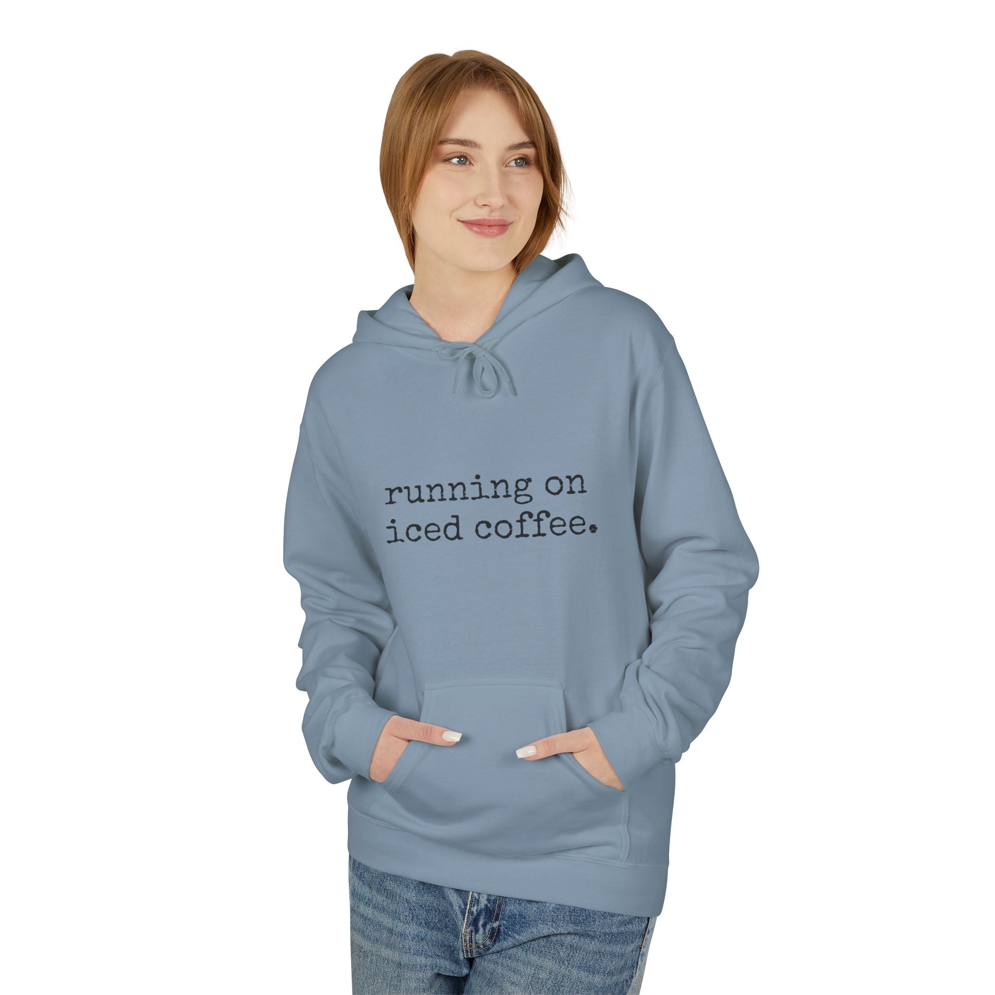 Coffee Hoodie - "running on iced coffee." Minimal Casual Pullover for Coffee Lovers