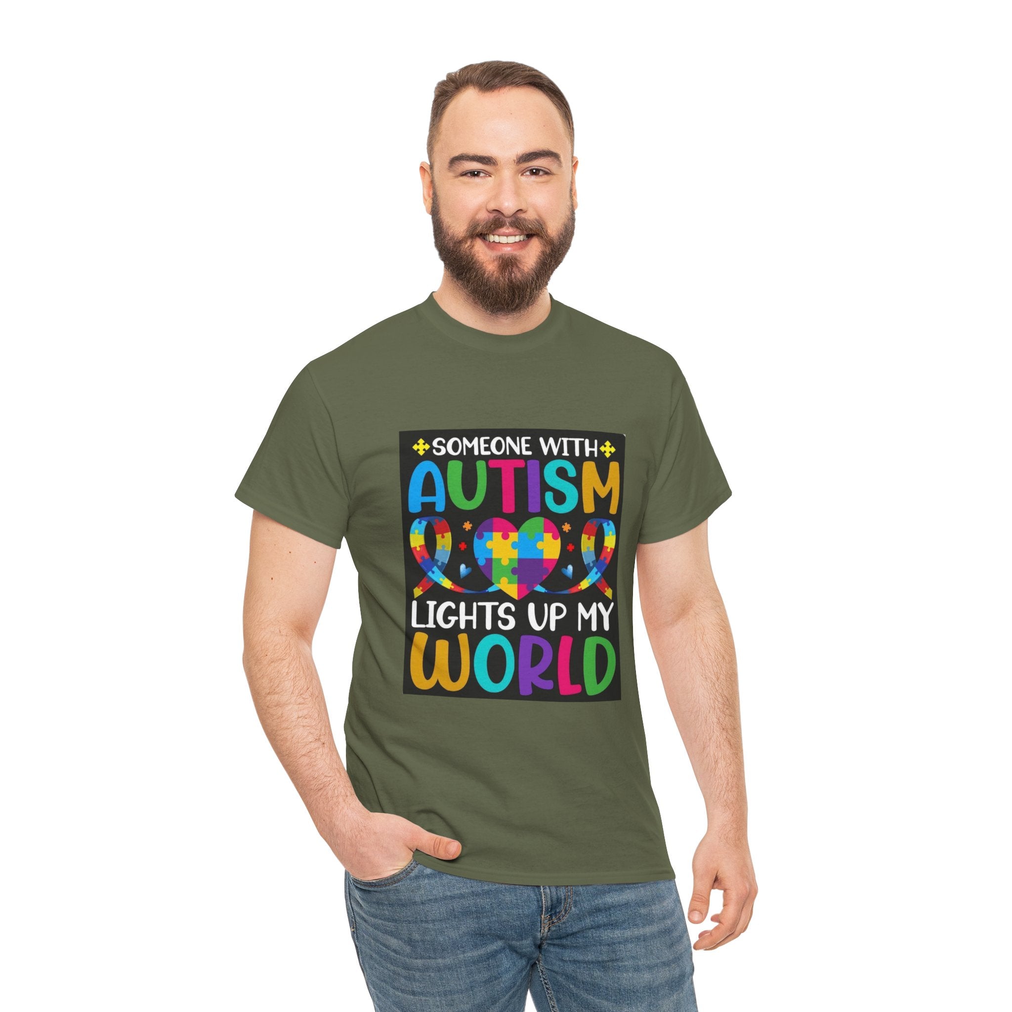 Autism Awareness T-Shirt — “Someone With Autism Lights Up My World” Colorful Puzzle Tee