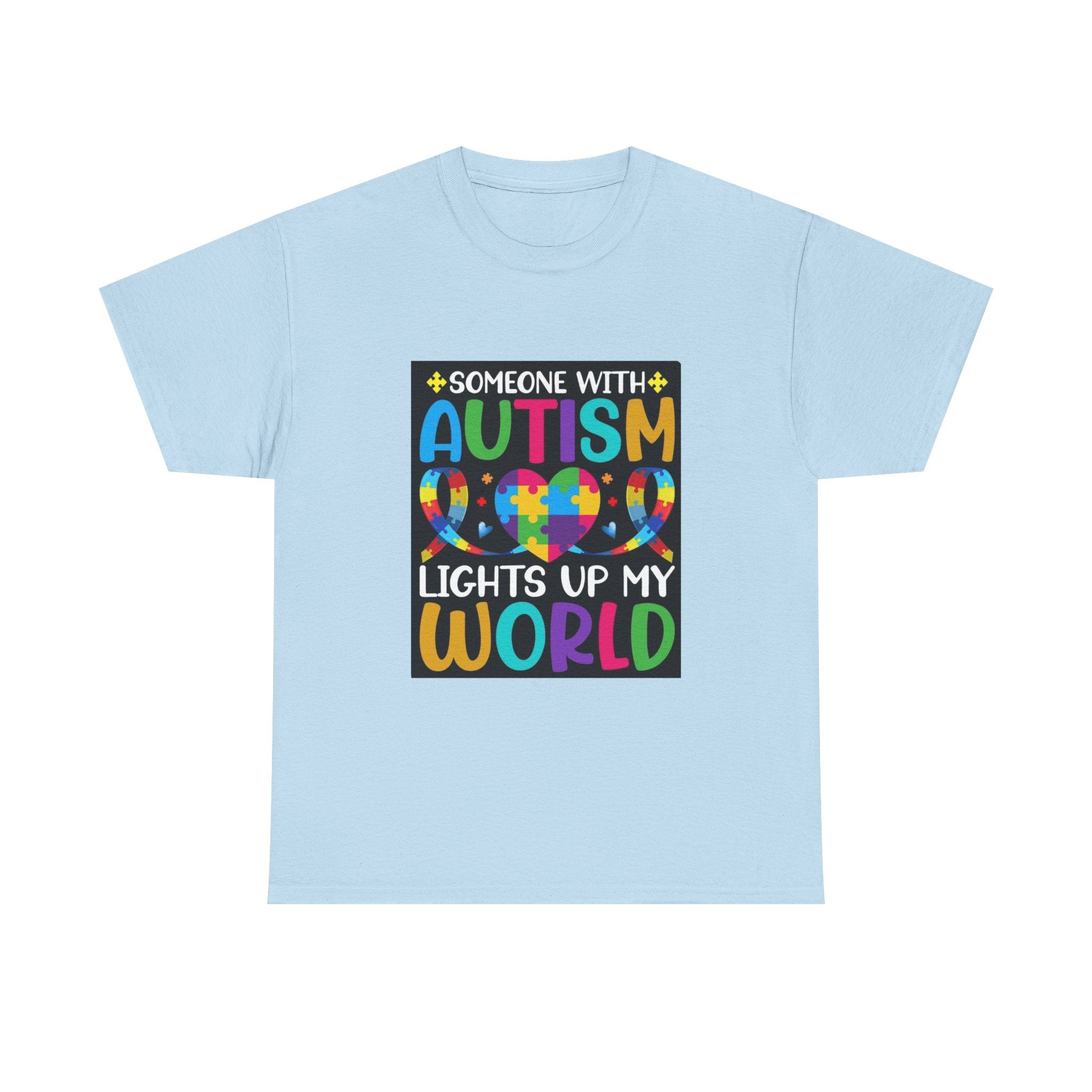 Autism Awareness T-Shirt — “Someone With Autism Lights Up My World” Colorful Puzzle Tee
