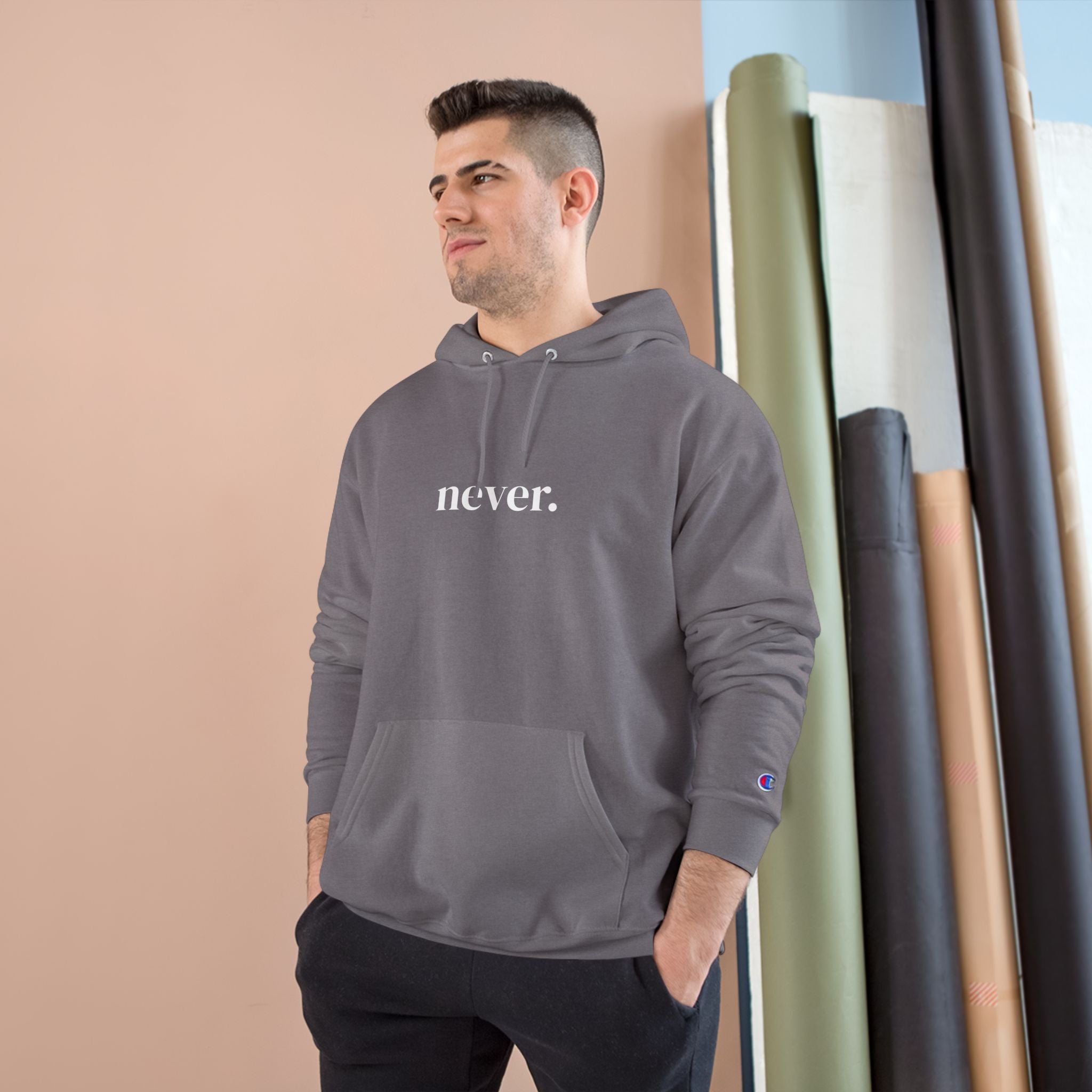 Never. Black Champion Hoodie — Minimalist Graphic Pullover
