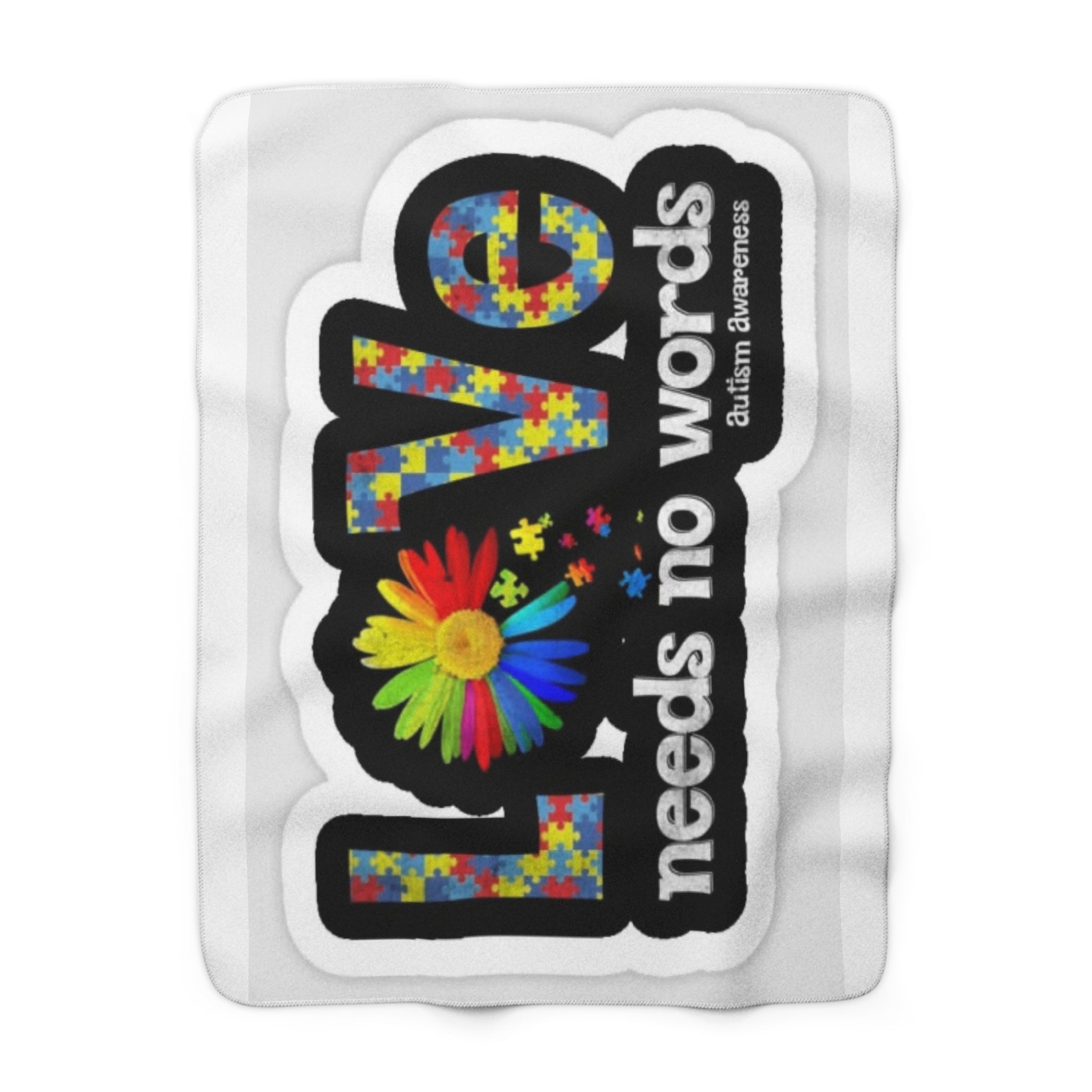 Sherpa Blanket – "Love Needs No Words" Autism Puzzle Heart Cozy Throw