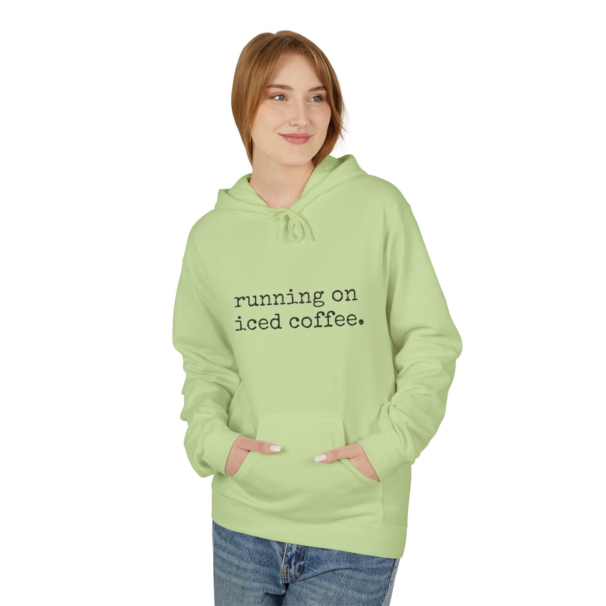 Coffee Hoodie - "running on iced coffee." Minimal Casual Pullover for Coffee Lovers