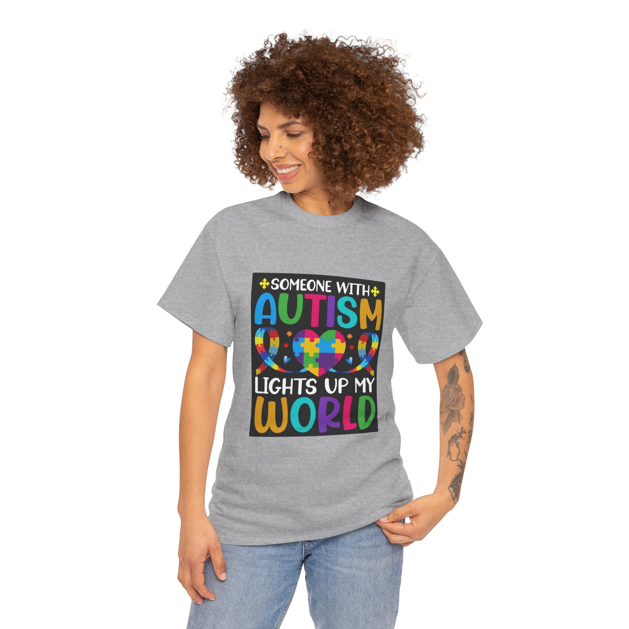 Autism Awareness T-Shirt — “Someone With Autism Lights Up My World” Colorful Puzzle Tee