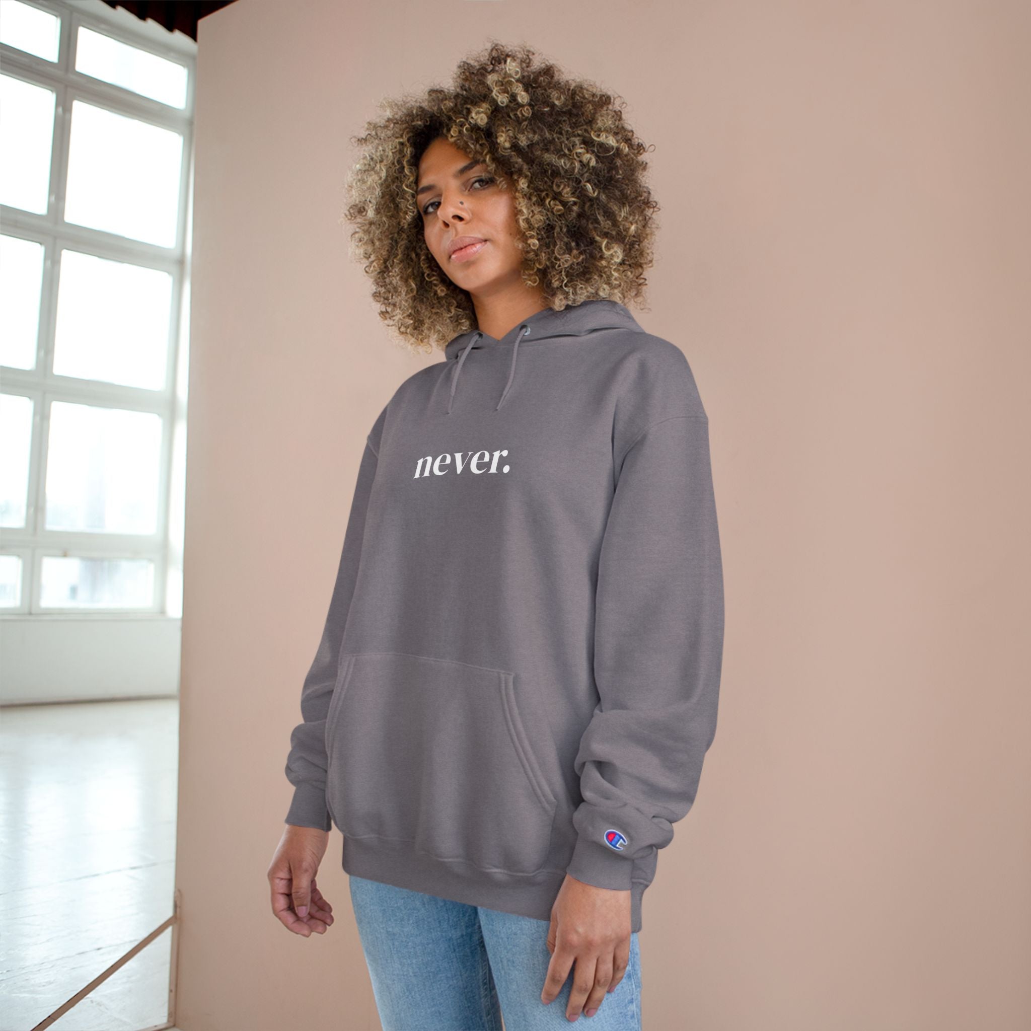 Never. Black Champion Hoodie — Minimalist Graphic Pullover
