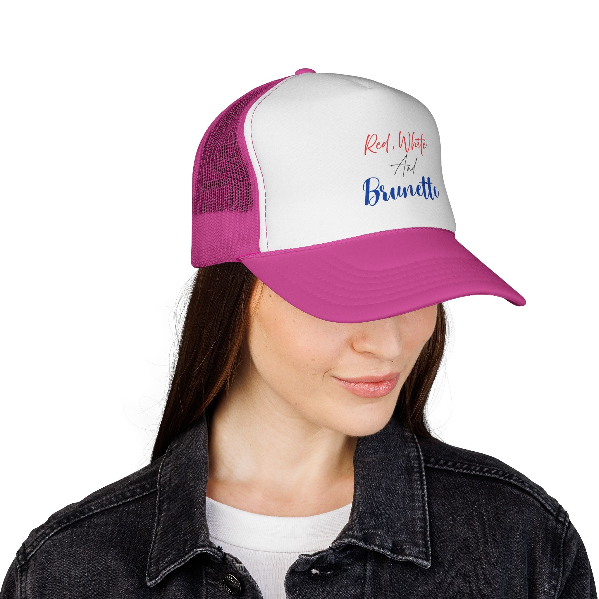 Red, White And Brunette Trucker Cap - Patriotic Summer Mesh Hat