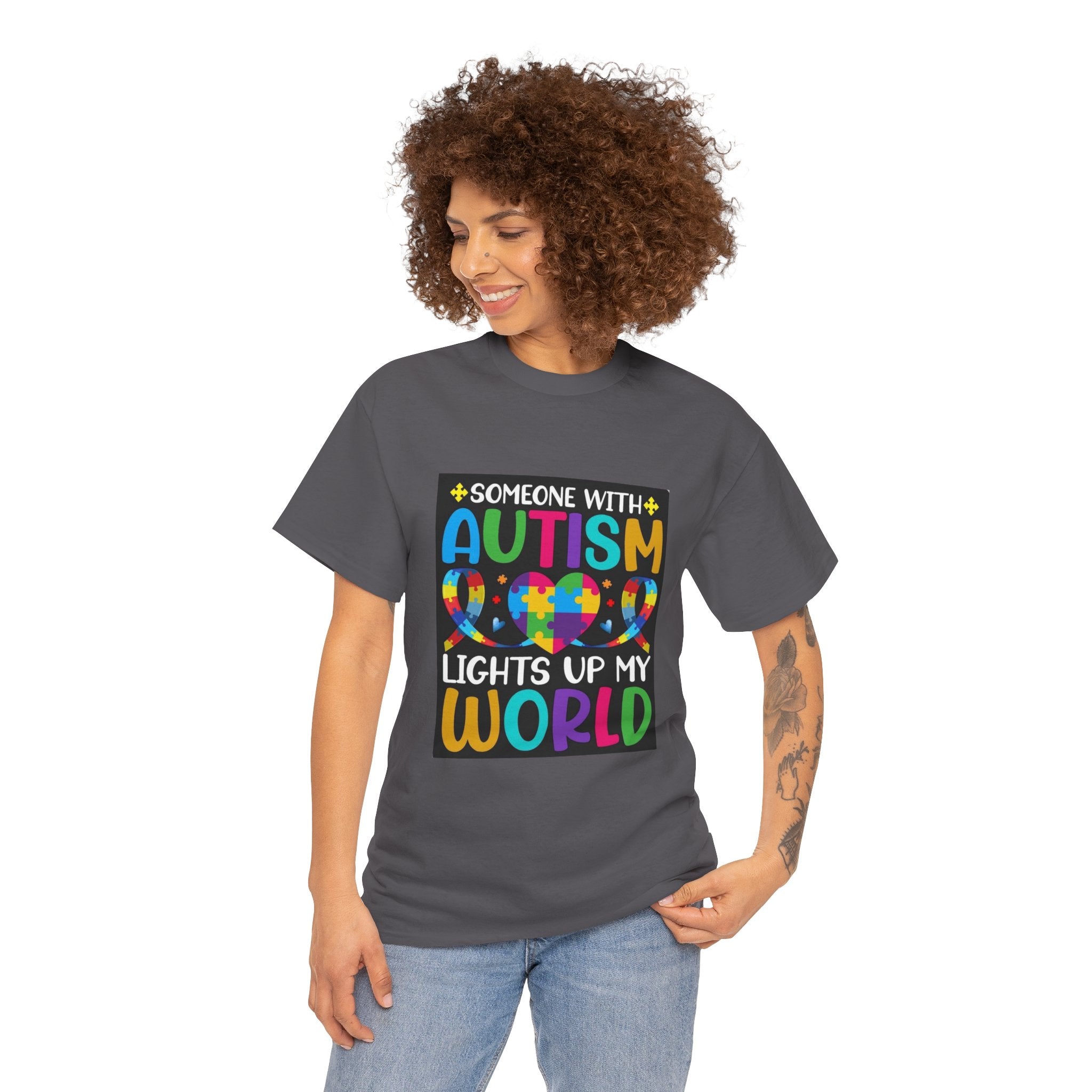 Autism Awareness T-Shirt — “Someone With Autism Lights Up My World” Colorful Puzzle Tee