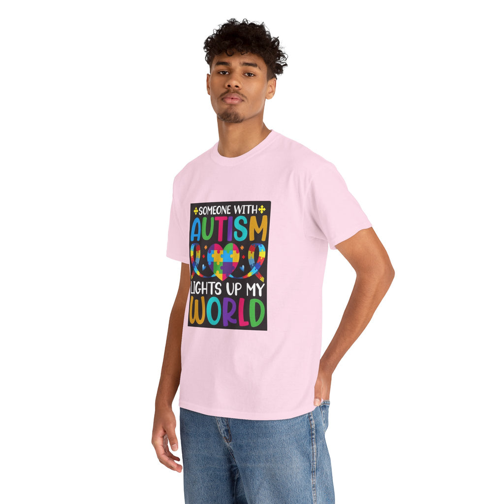 Autism Awareness T-Shirt — “Someone With Autism Lights Up My World” Colorful Puzzle Tee