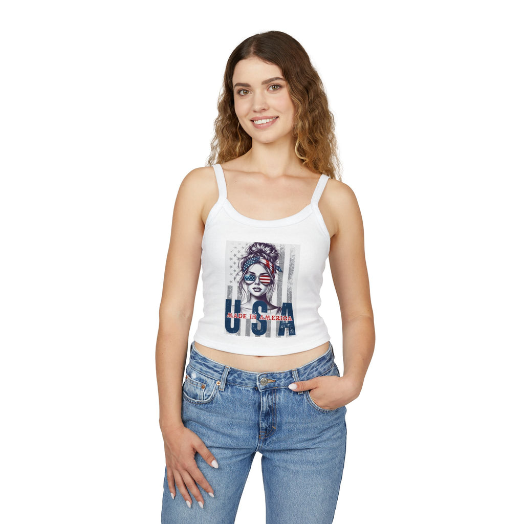 USA Patriotic Tank Top — "Made in America" Womens Crop Spaghetti Strap