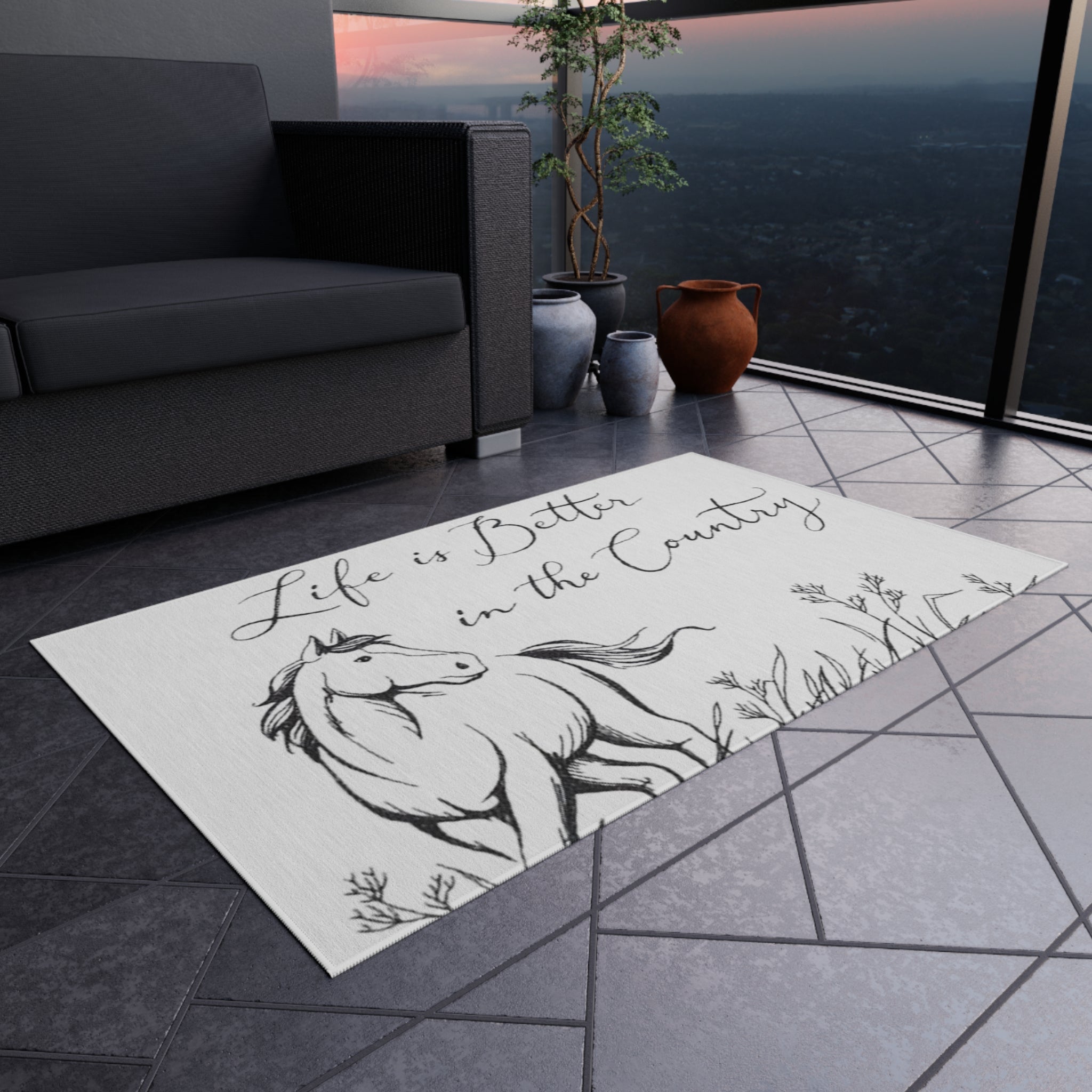 Outdoor Rug – "Life is Better in the Country" Horse Print