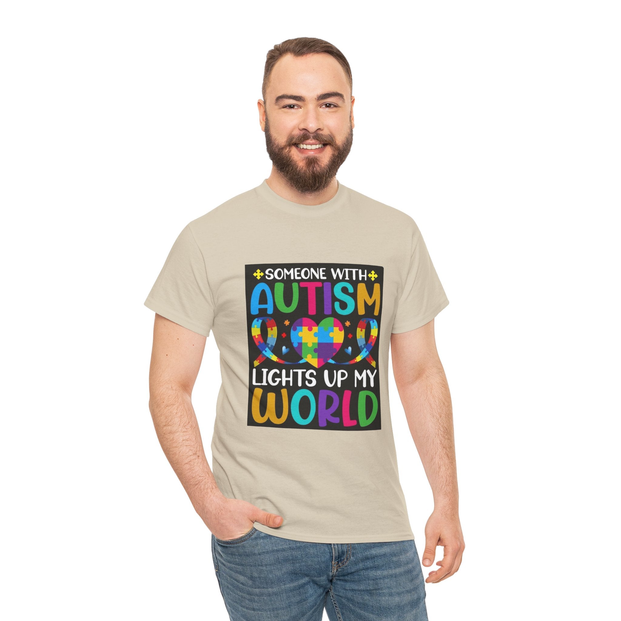 Autism Awareness T-Shirt — “Someone With Autism Lights Up My World” Colorful Puzzle Tee