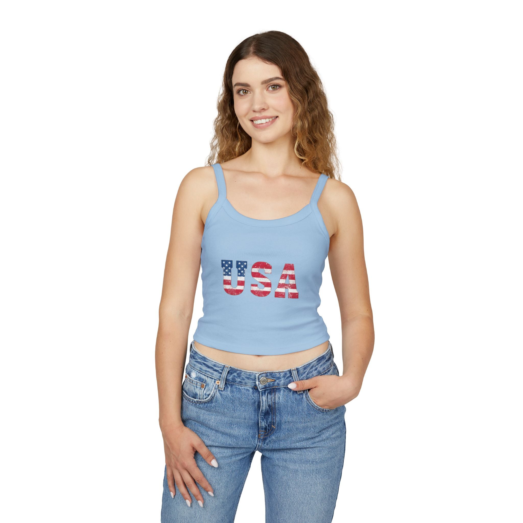 USA Flag Spaghetti Strap Tank Top – Patriotic Women’s Crop