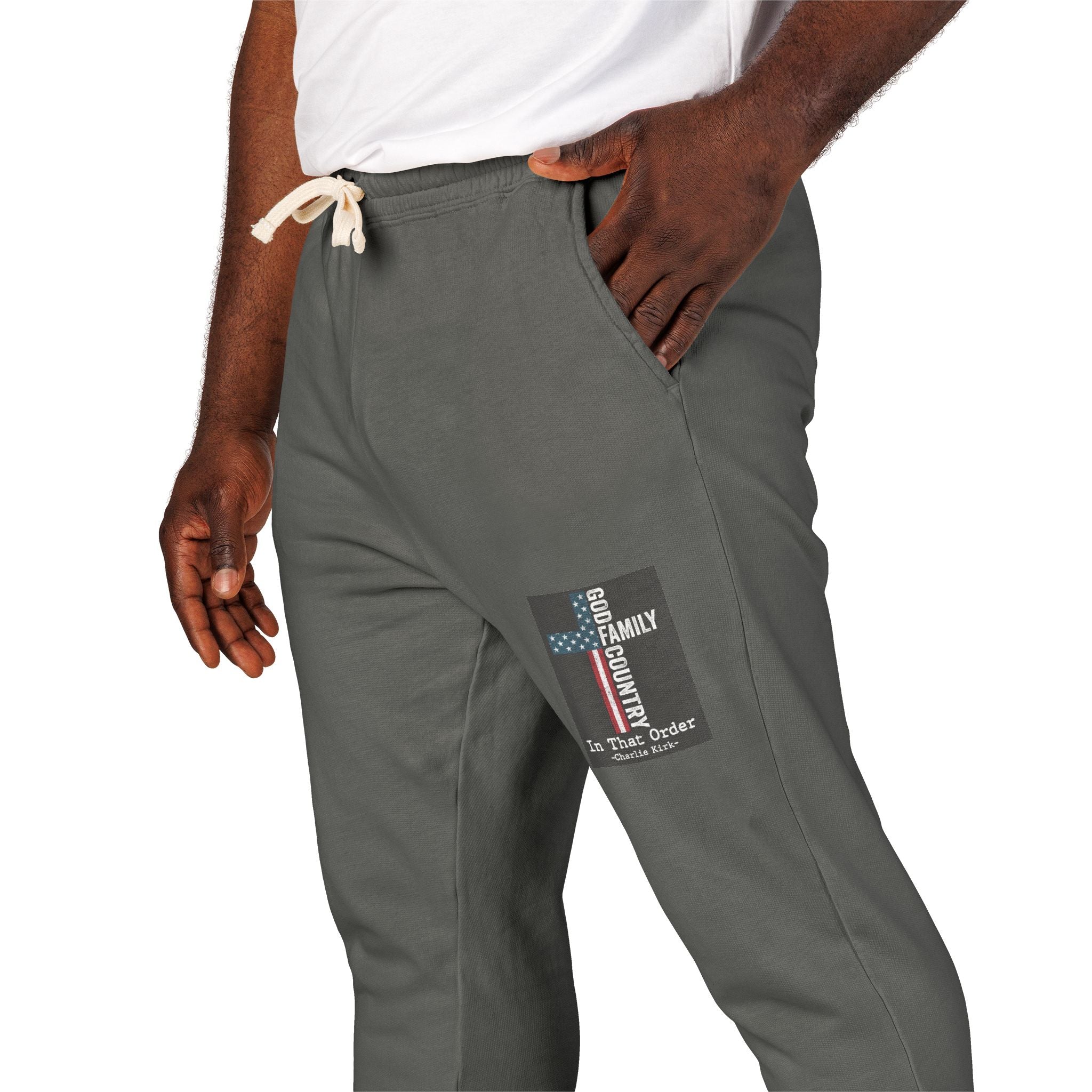 Patch Graphic Sweatpants — Vintage Military Green Fleece Joggers