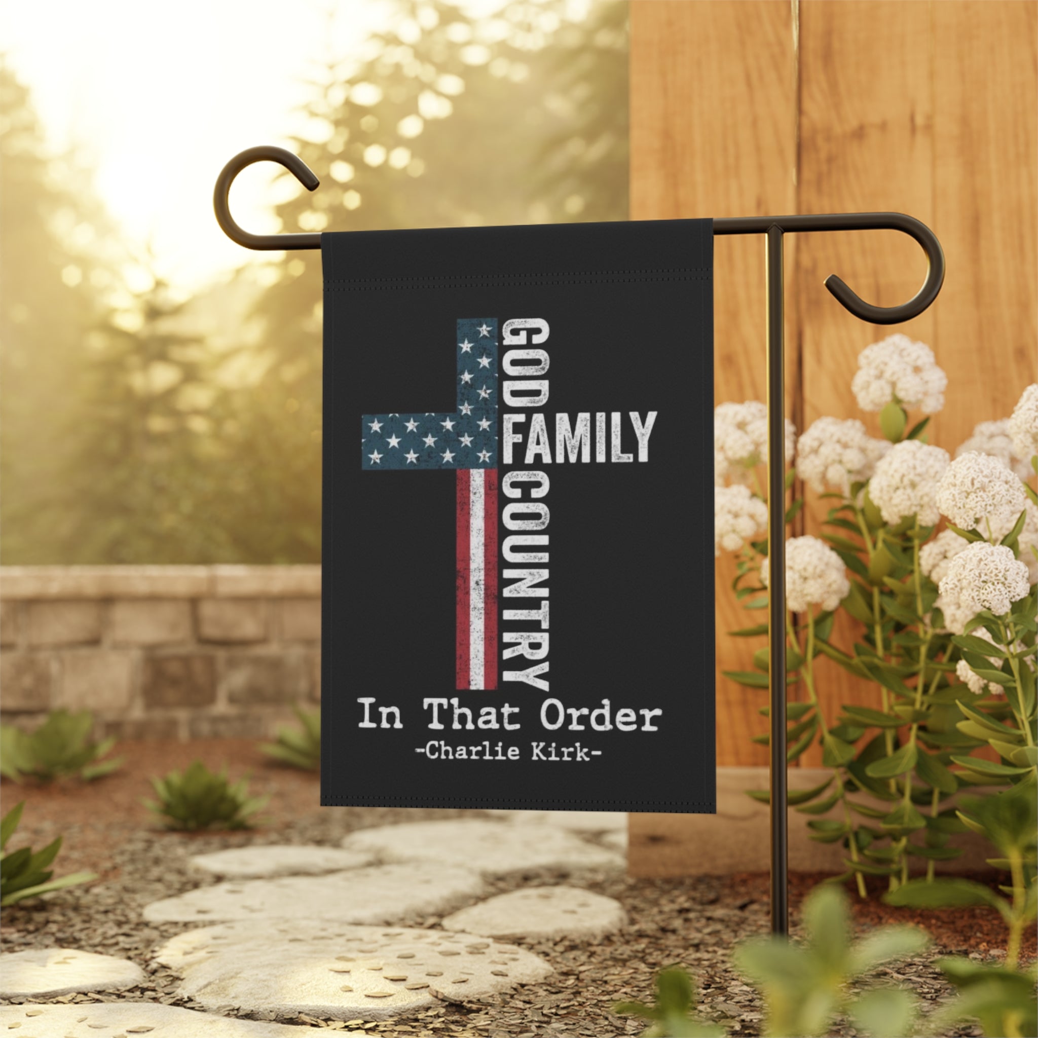 Patriotic Cross Garden Flag - "God, Family, Country" Outdoor Banner