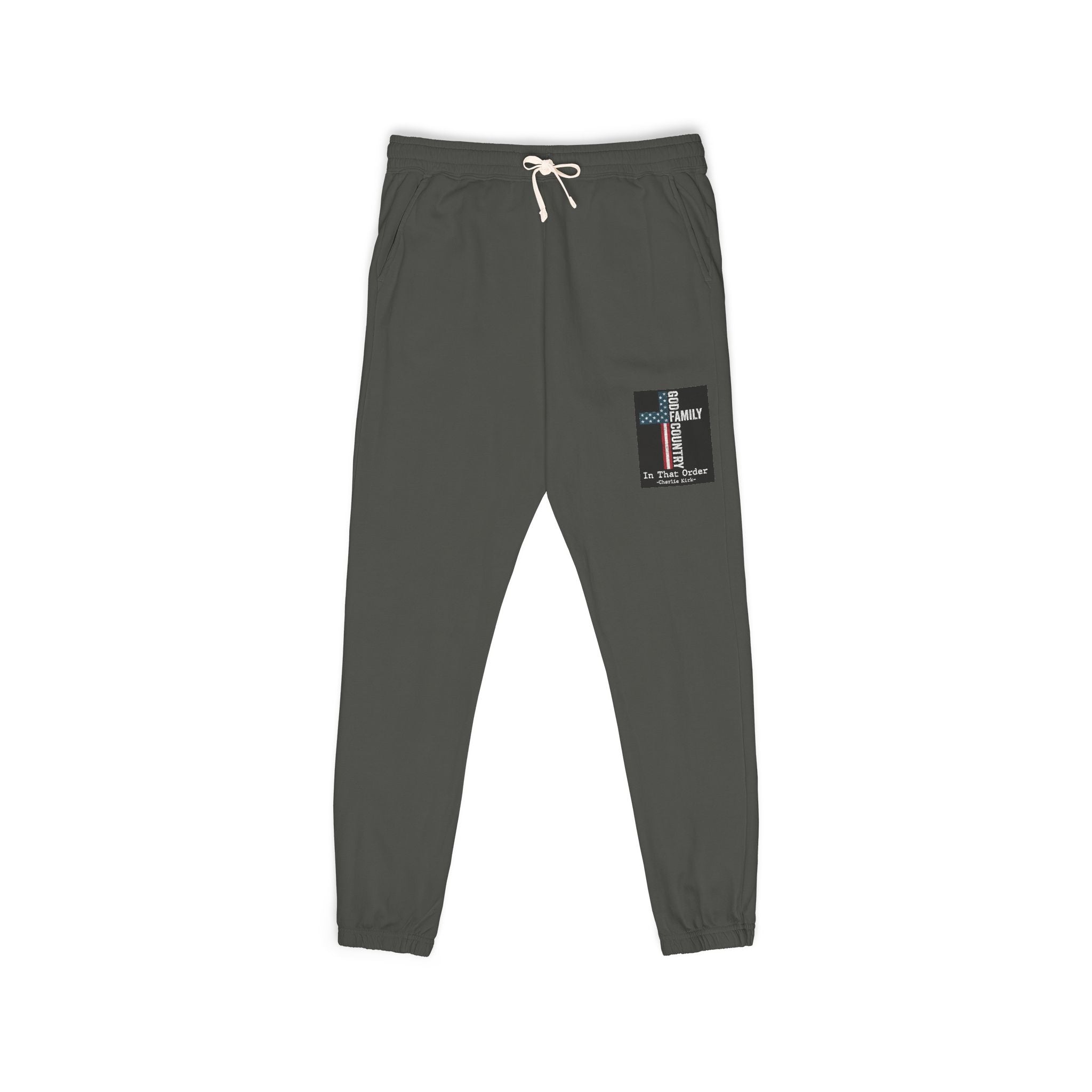 Patch Graphic Sweatpants — Vintage Military Green Fleece Joggers