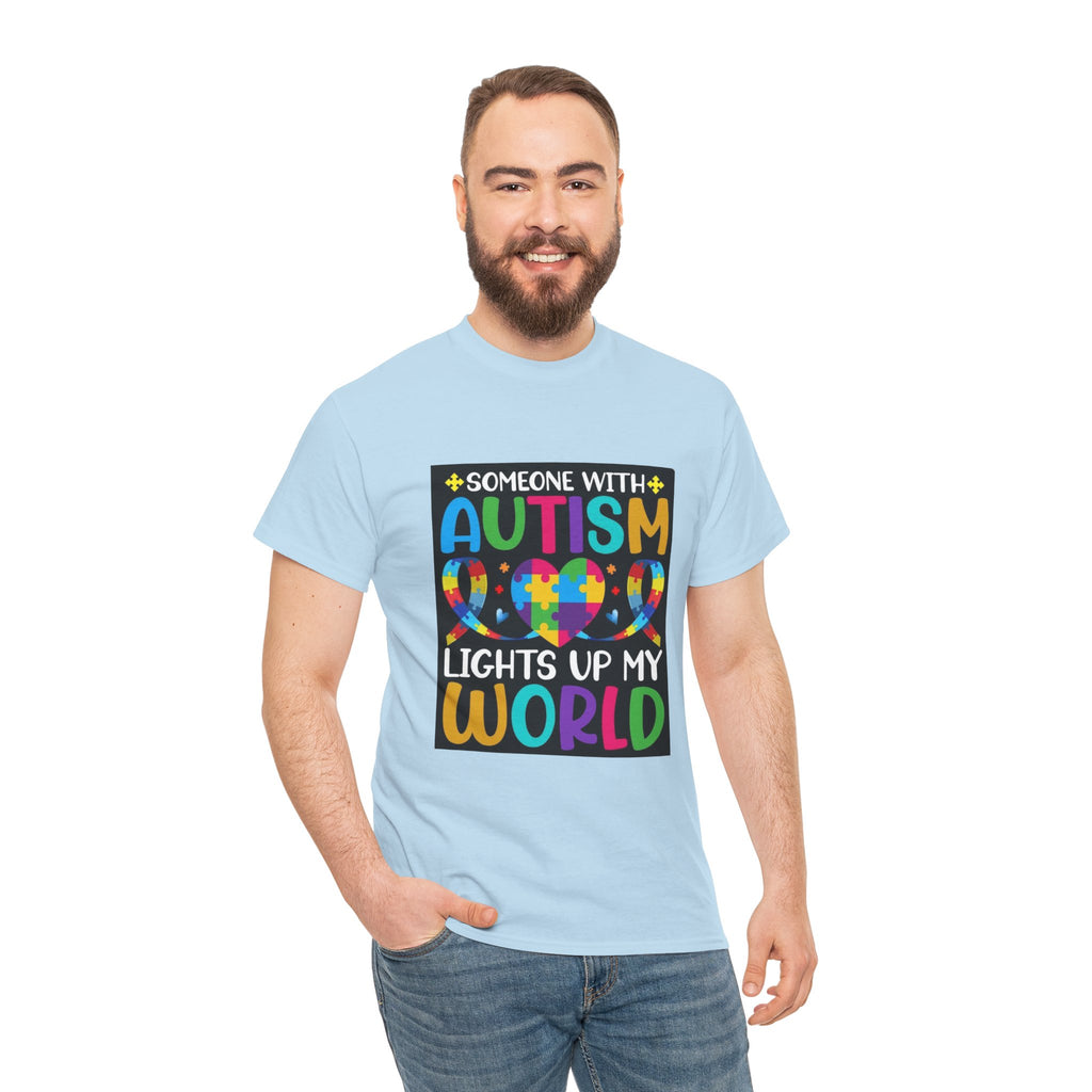 Autism Awareness T-Shirt — “Someone With Autism Lights Up My World” Colorful Puzzle Tee