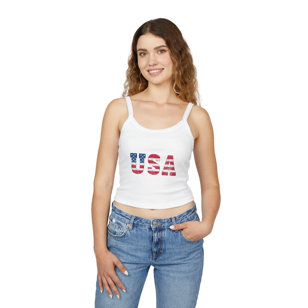 USA Flag Spaghetti Strap Tank Top – Patriotic Women’s Crop