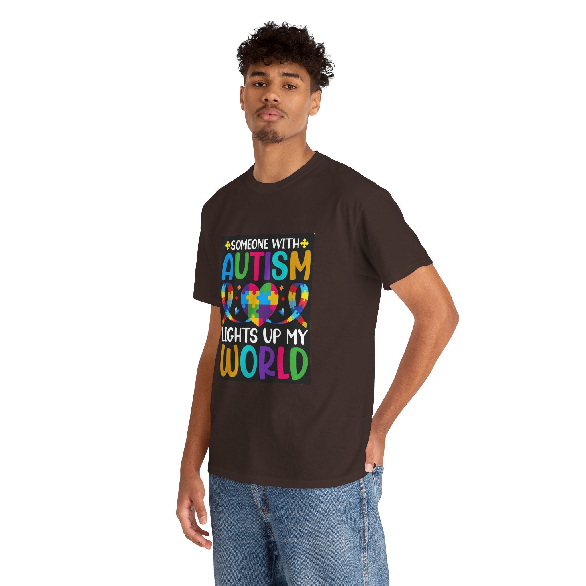 Autism Awareness T-Shirt — “Someone With Autism Lights Up My World” Colorful Puzzle Tee