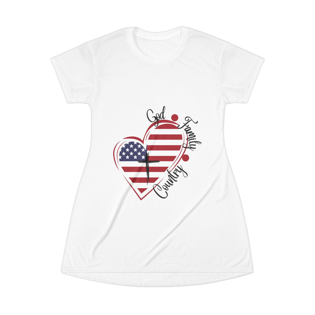 Patriotic Heart T-Shirt Dress – "God, Family, Country" American Flag Tee Dress