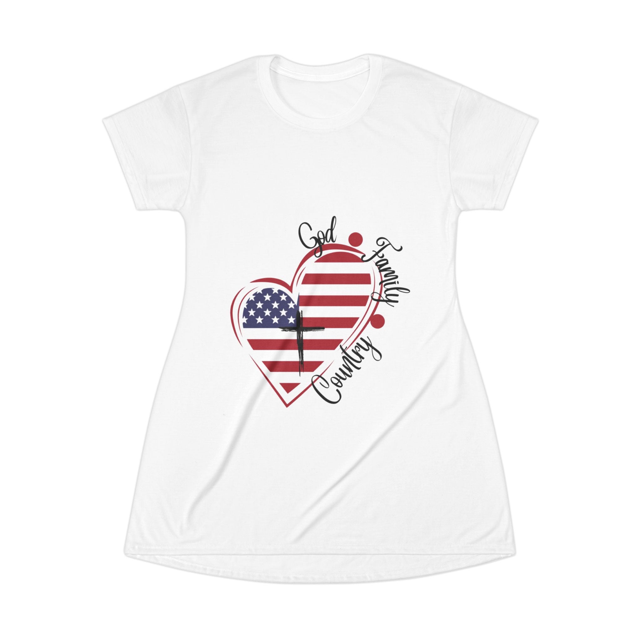 Patriotic Heart T-Shirt Dress – "God, Family, Country" American Flag Tee Dress