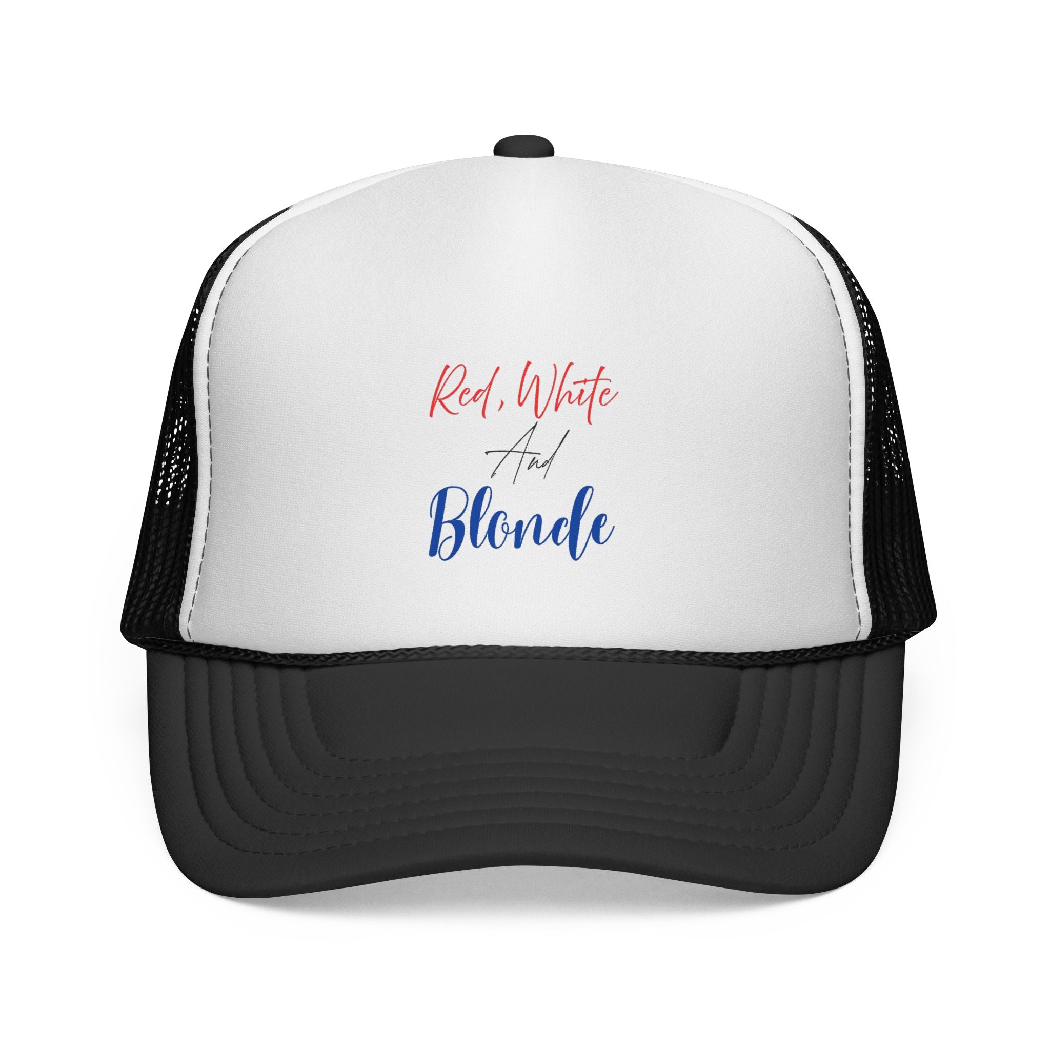 Red, White and Blonde Trucker Hat — Patriotic Fourth of July Cap for Blonde Girls
