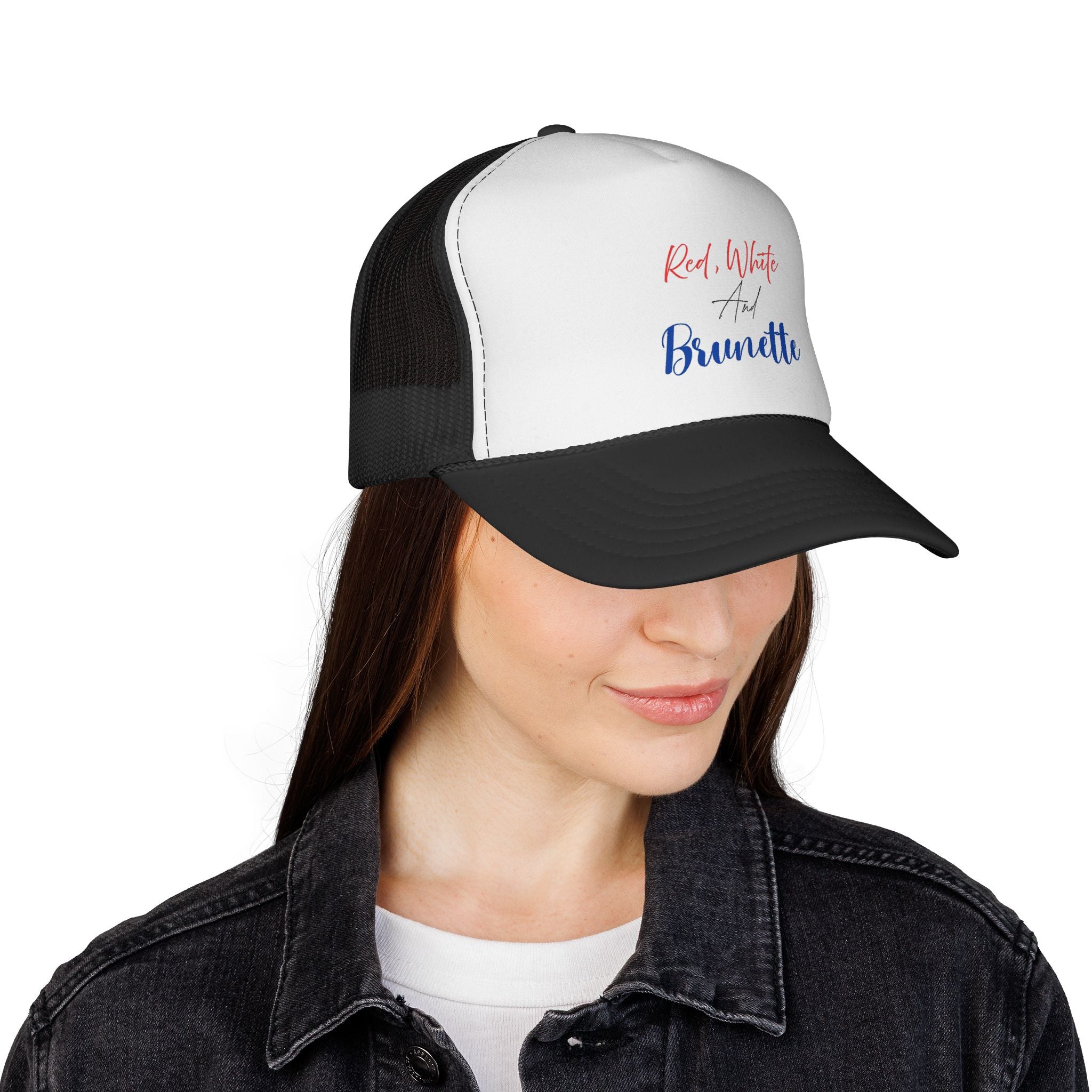 Red, White And Brunette Trucker Cap - Patriotic Summer Mesh Hat