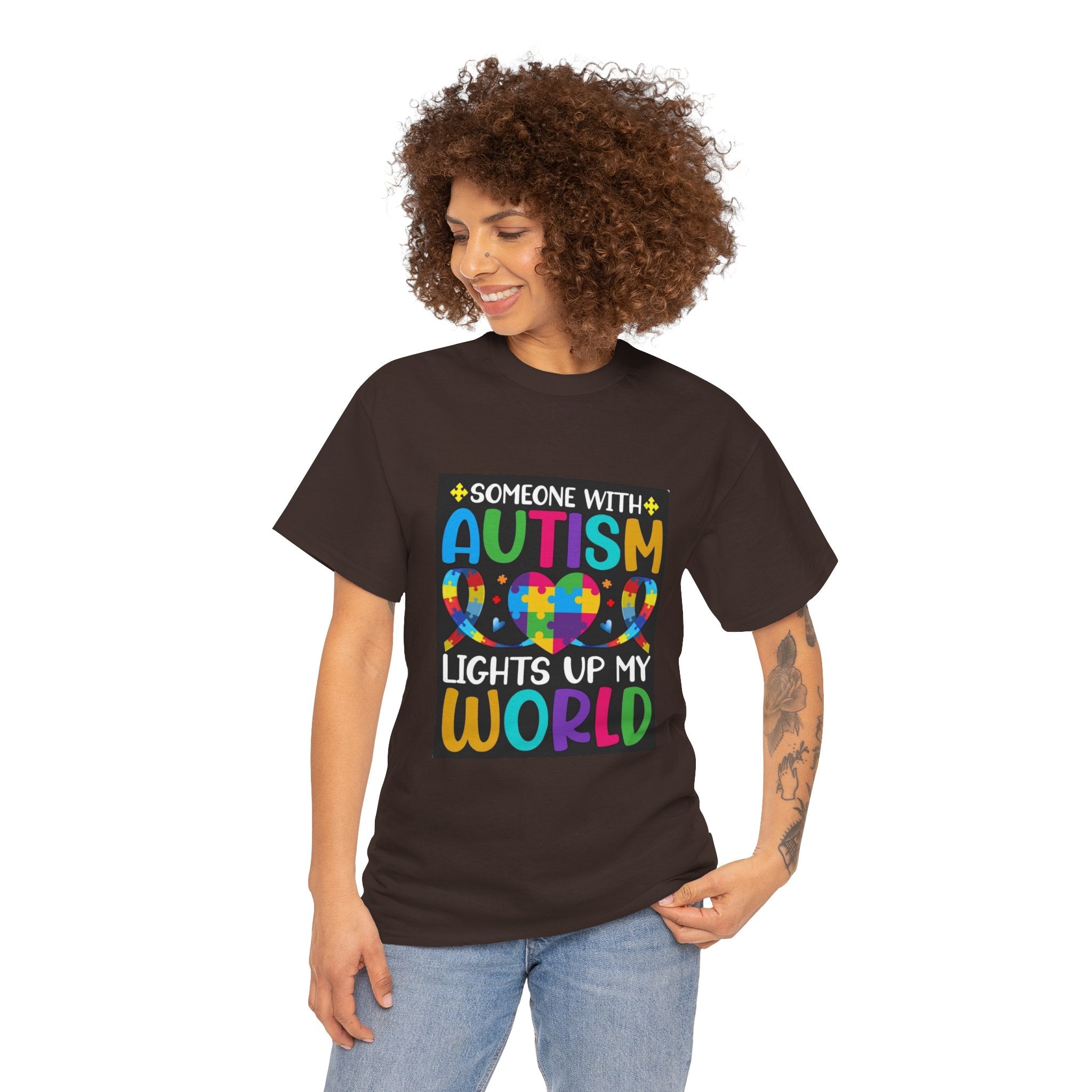 Autism Awareness T-Shirt — “Someone With Autism Lights Up My World” Colorful Puzzle Tee