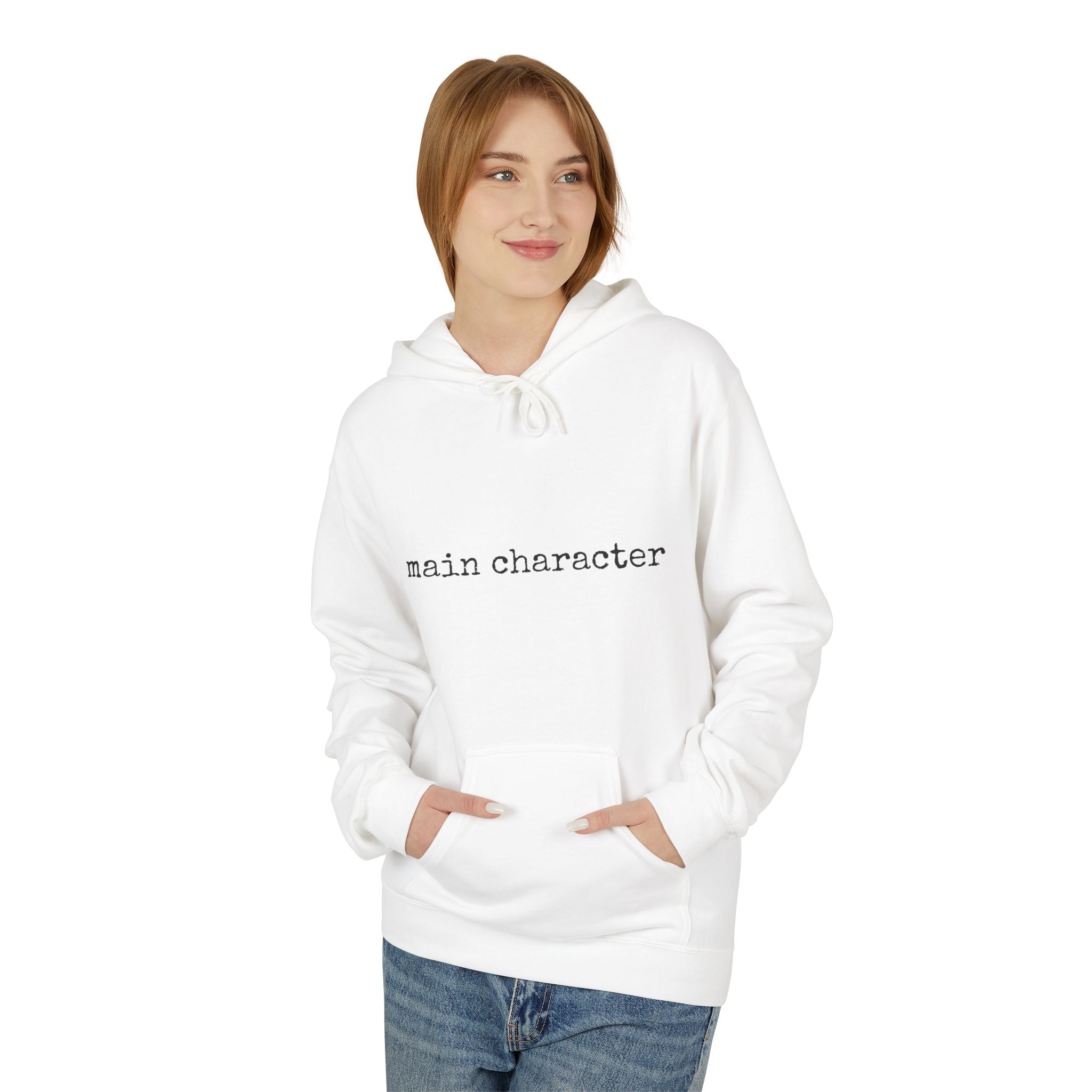 "main character" Hoodie — Minimalist Text Graphic Pullover