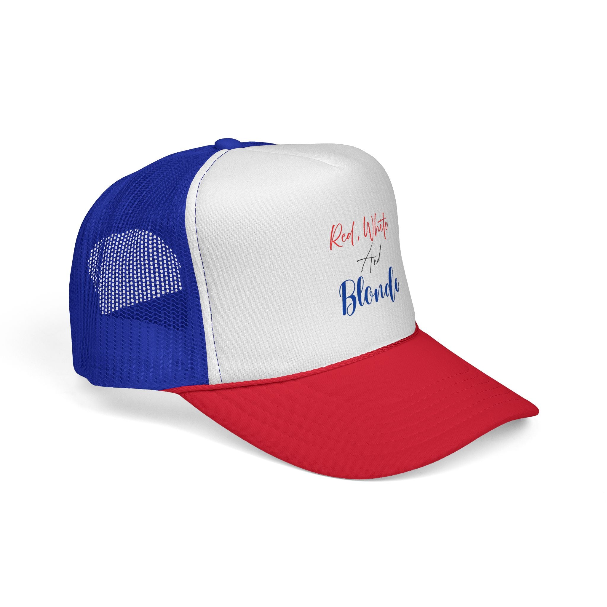 Red, White and Blonde Trucker Hat — Patriotic Fourth of July Cap for Blonde Girls