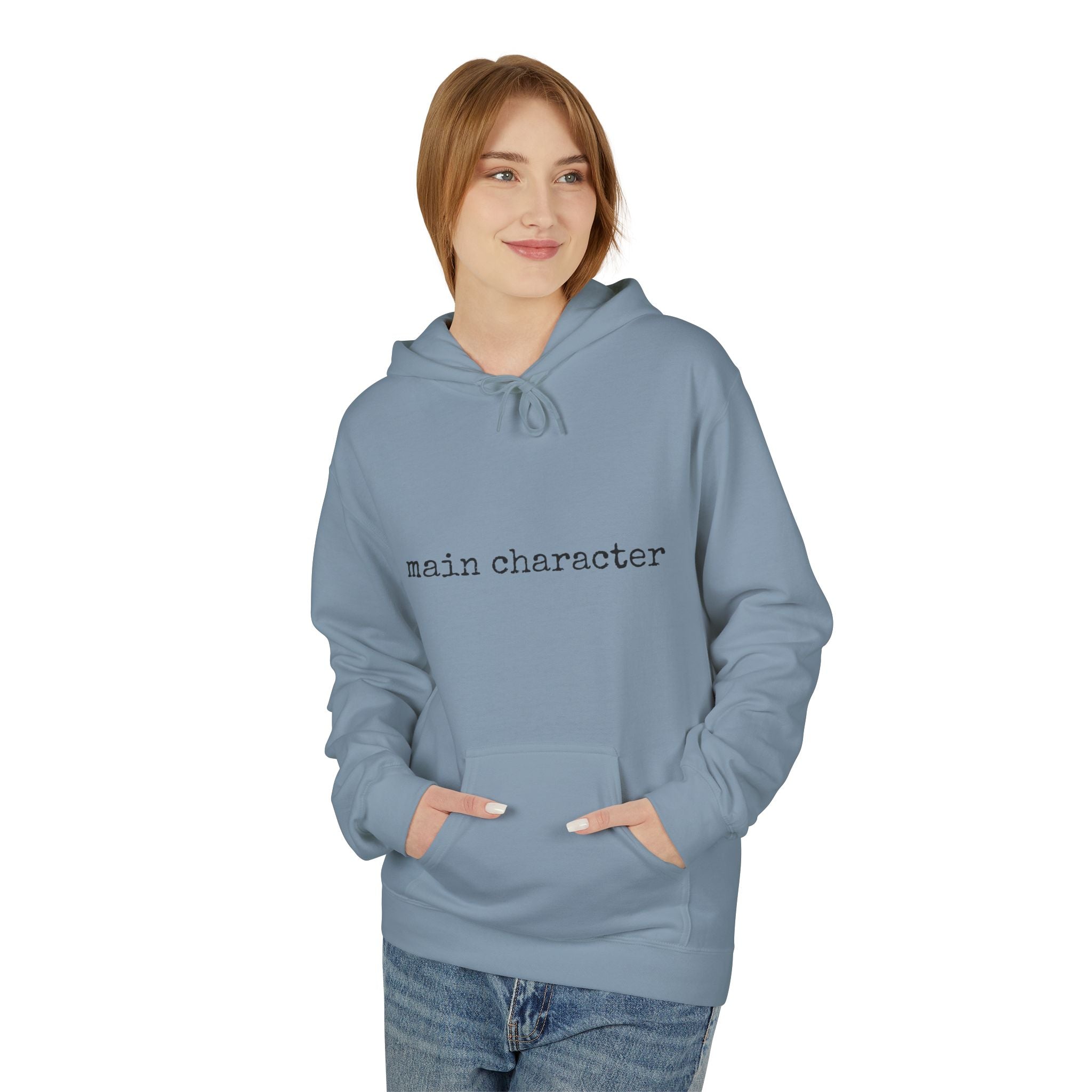 "main character" Hoodie — Minimalist Text Graphic Pullover