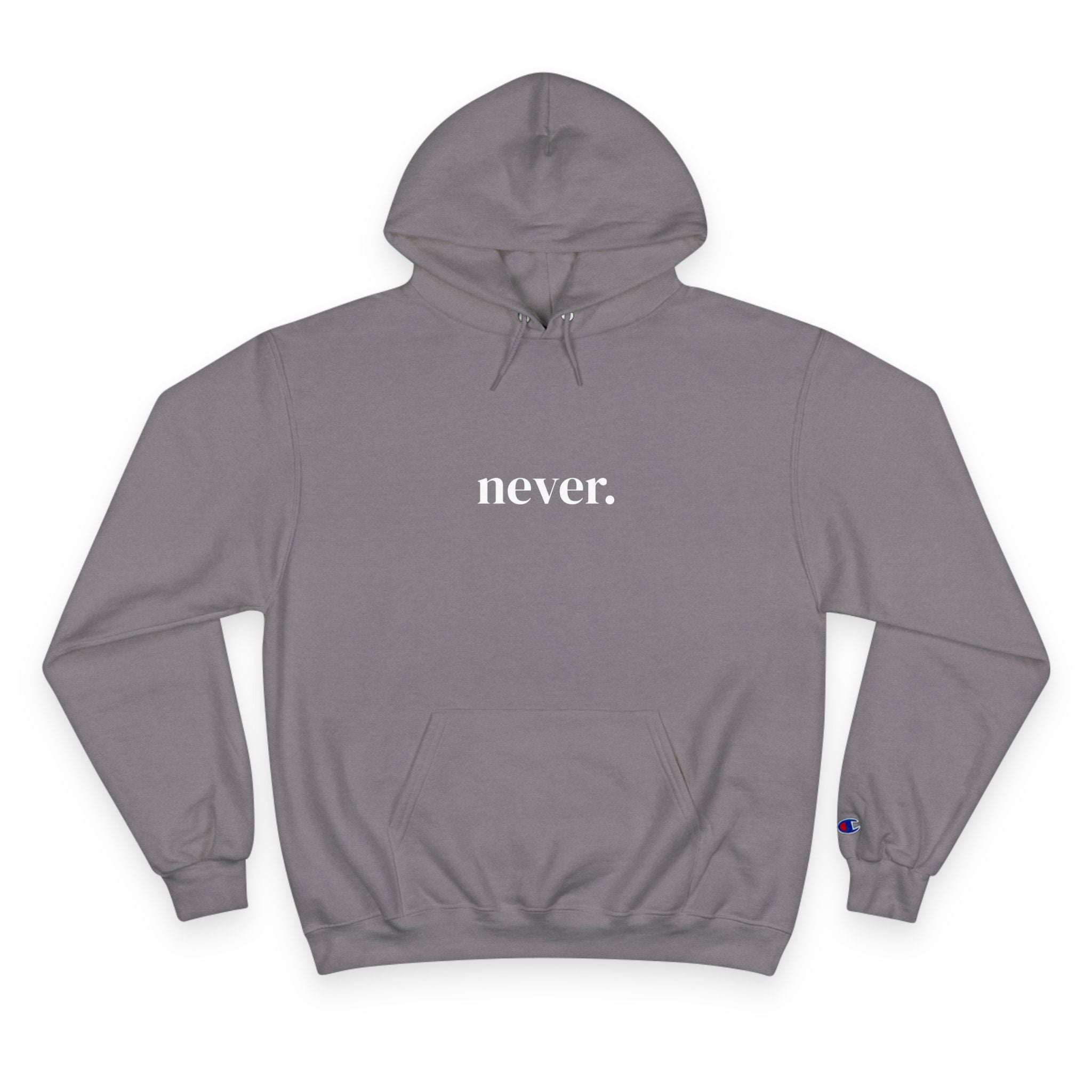 Never. Black Champion Hoodie — Minimalist Graphic Pullover