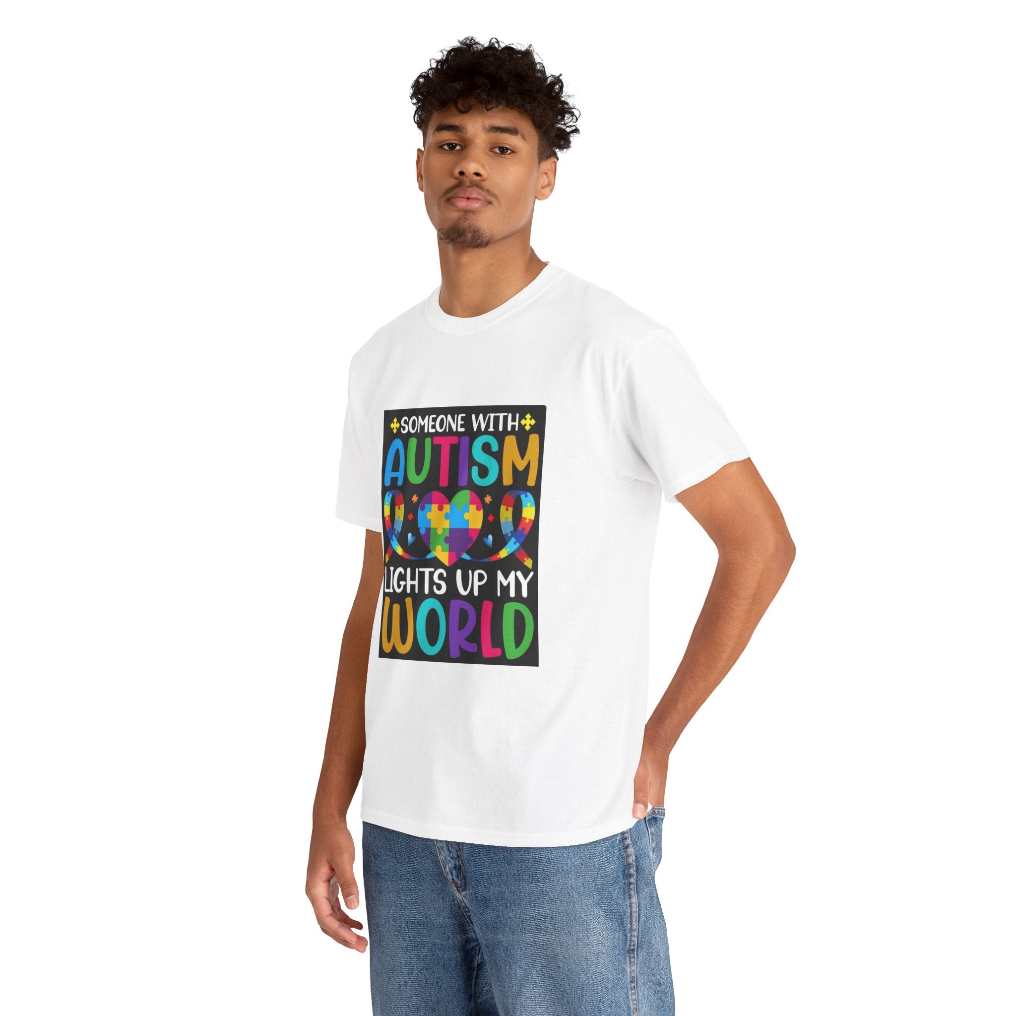 Autism Awareness T-Shirt — “Someone With Autism Lights Up My World” Colorful Puzzle Tee
