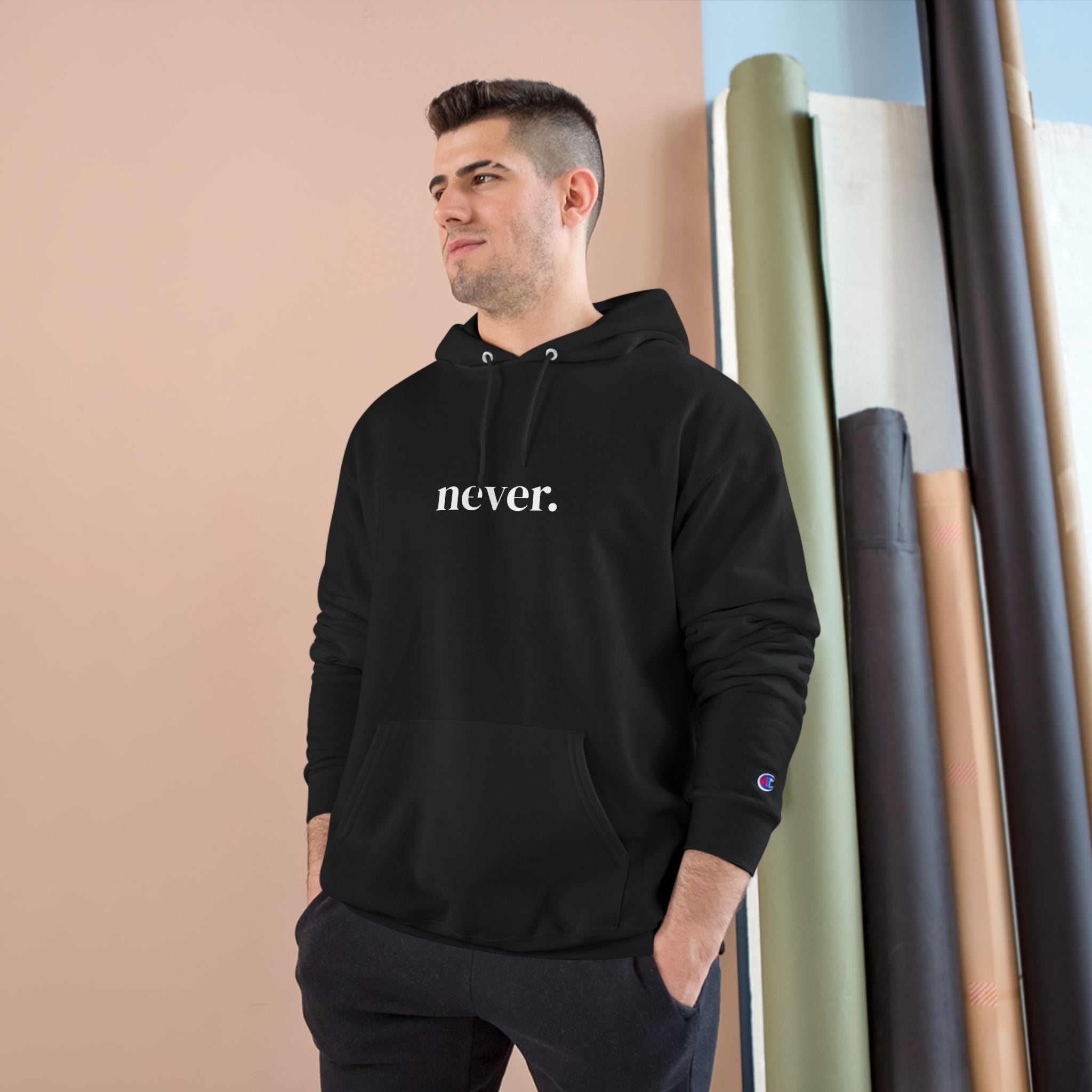 Never. Black Champion Hoodie — Minimalist Graphic Pullover