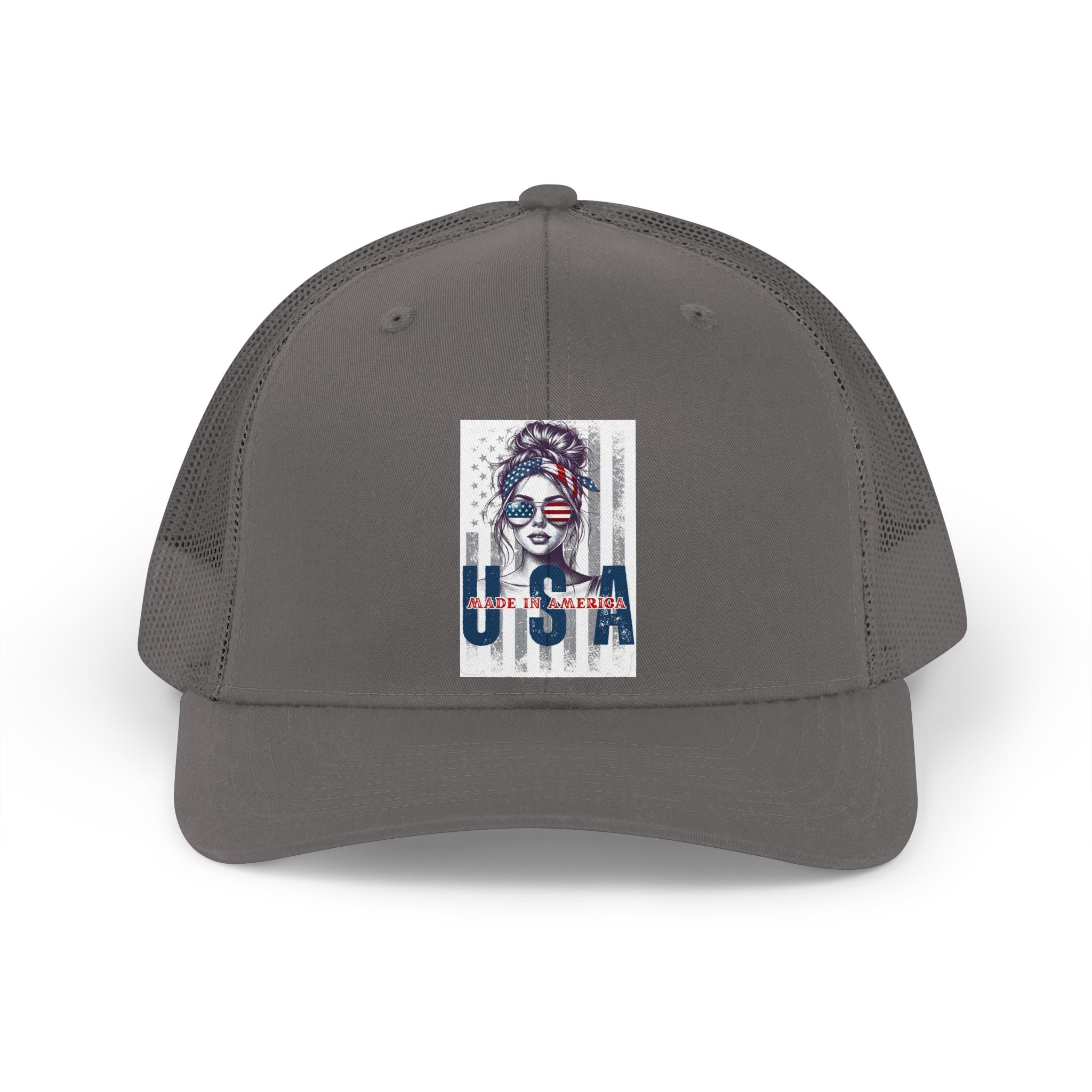 USA Retro Trucker Hat — Patriotic Vintage Woman Graphic Cap