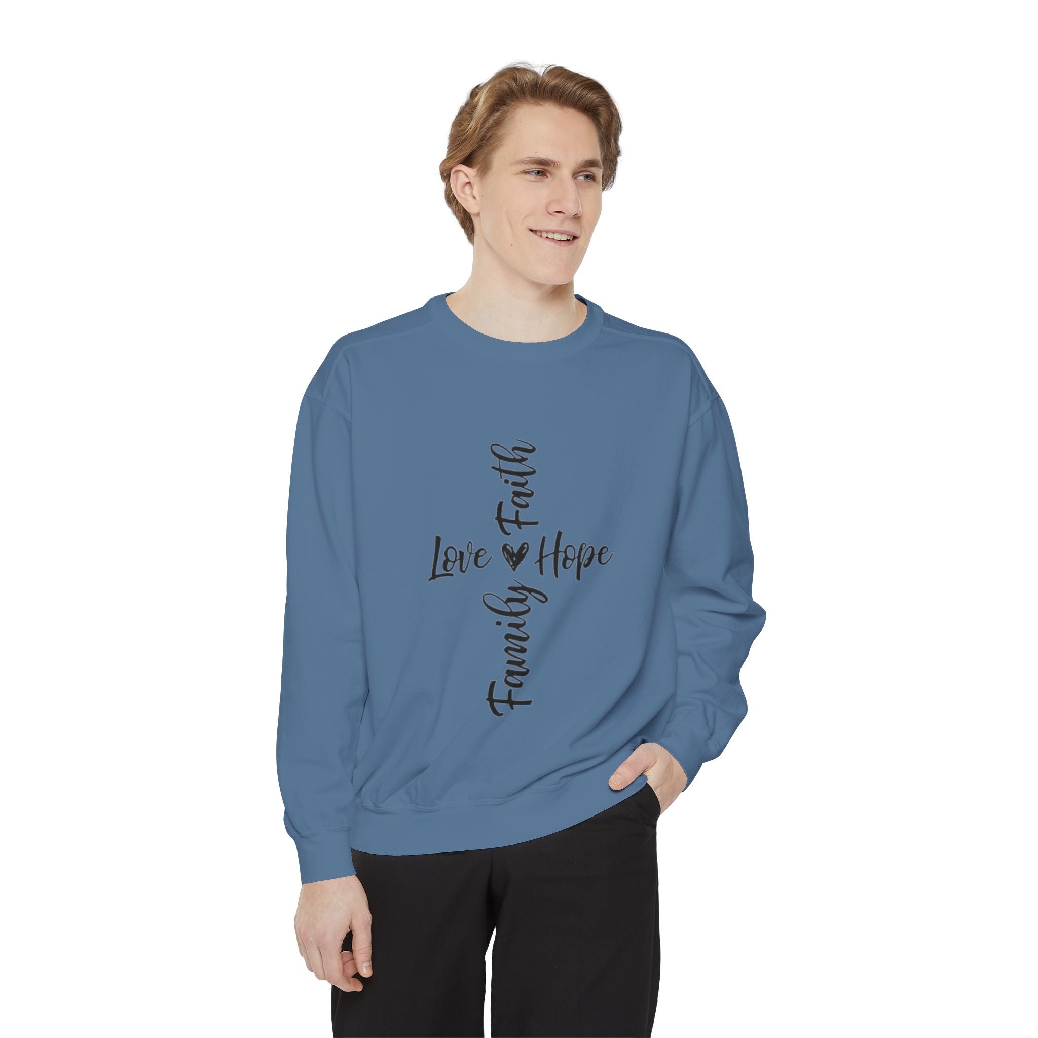 Faith Love Hope Family Sweatshirt – Vertical Script Cross Design