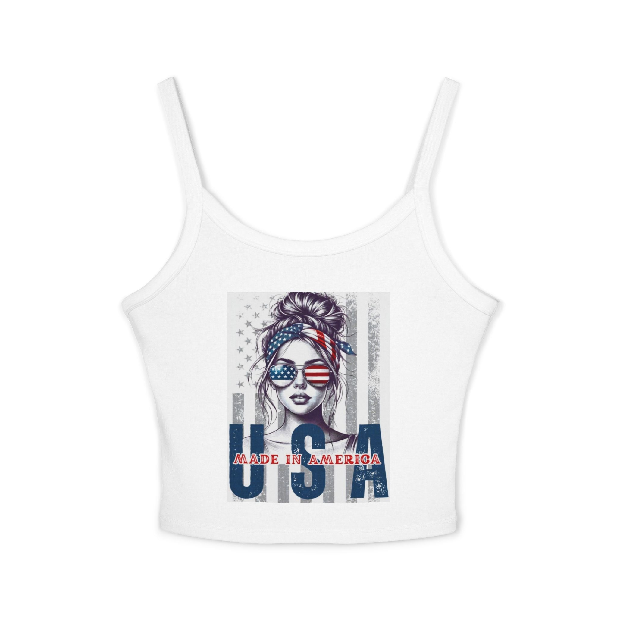 USA Patriotic Tank Top — "Made in America" Womens Crop Spaghetti Strap