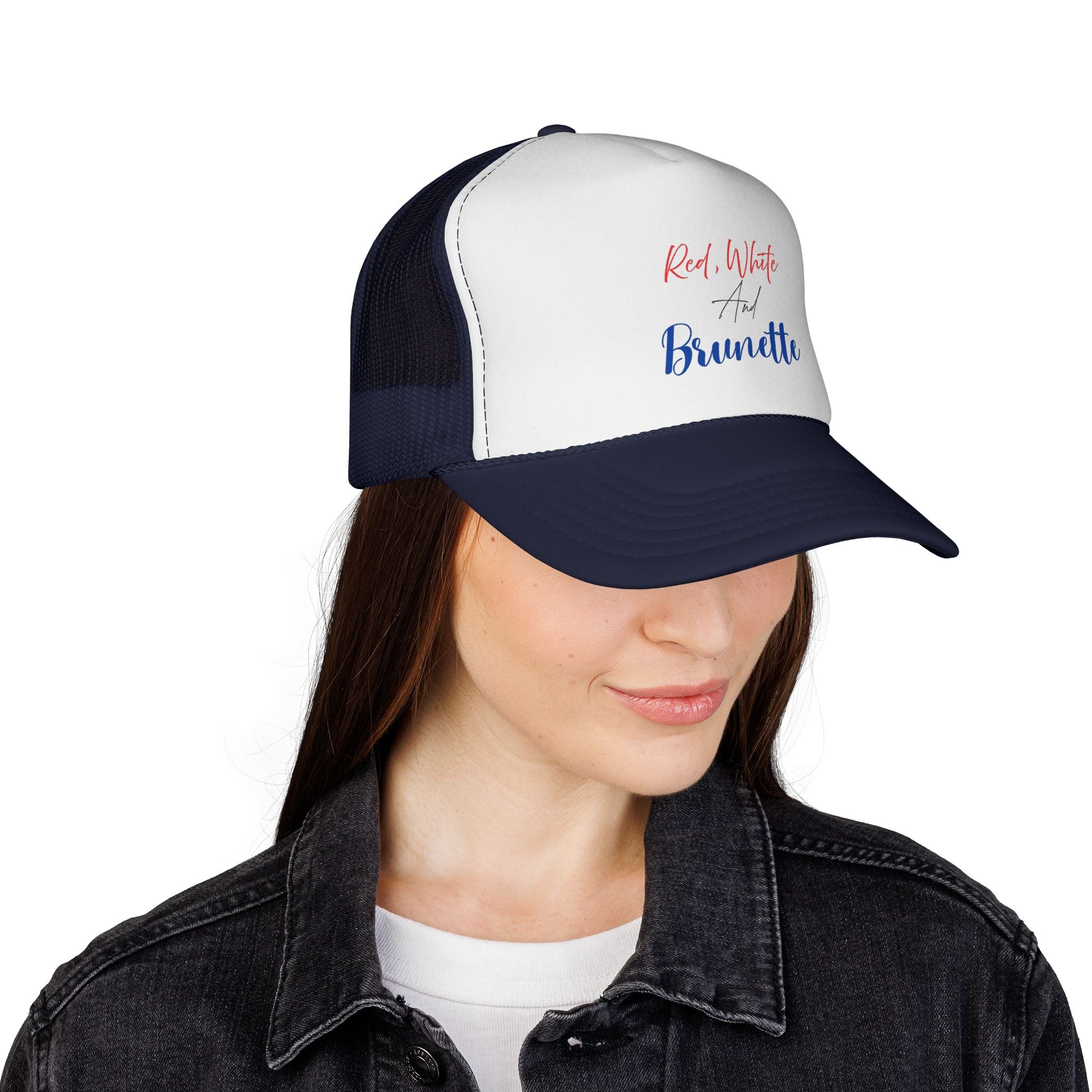 Red, White And Brunette Trucker Cap - Patriotic Summer Mesh Hat