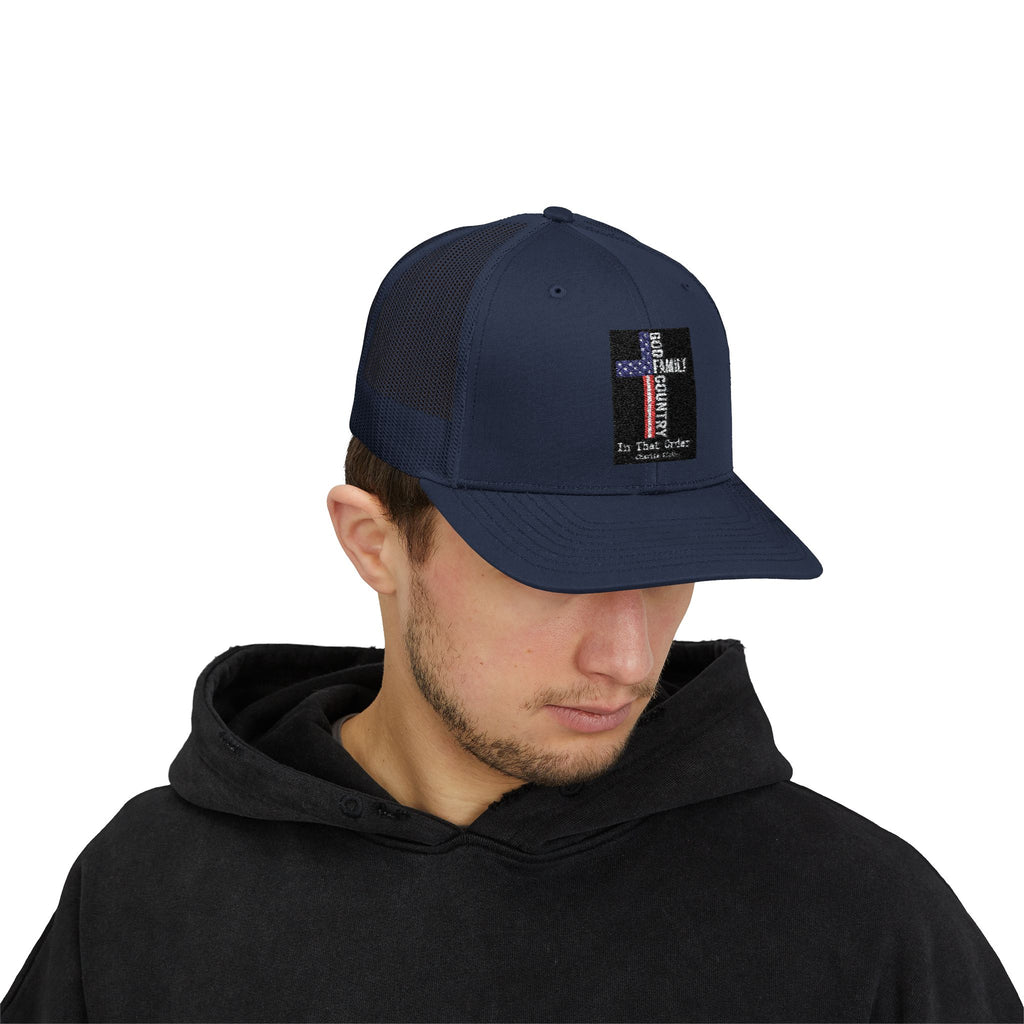 Thin Blue Line Cross Trucker Hat — Police Support Snapback