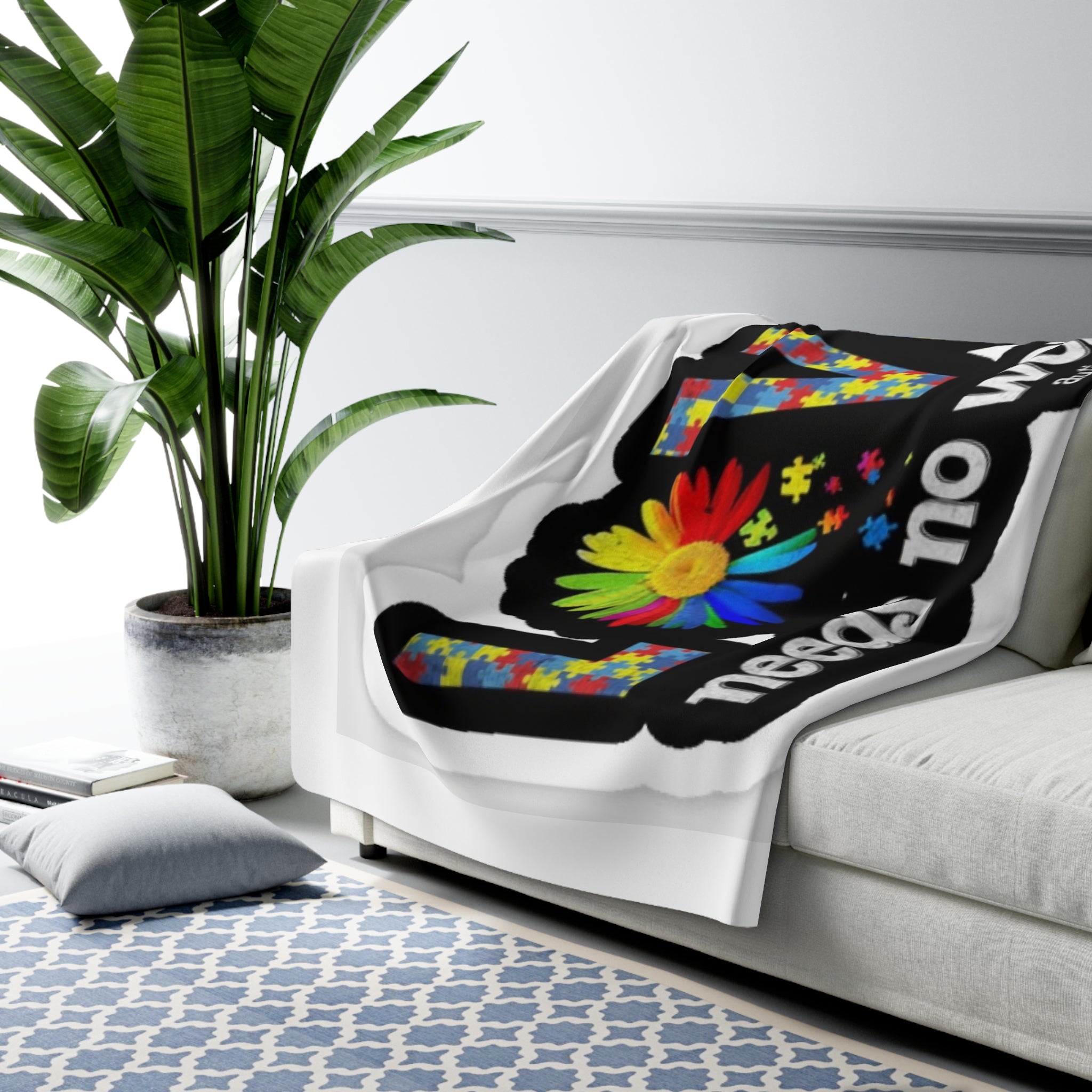 Sherpa Blanket – "Love Needs No Words" Autism Puzzle Heart Cozy Throw