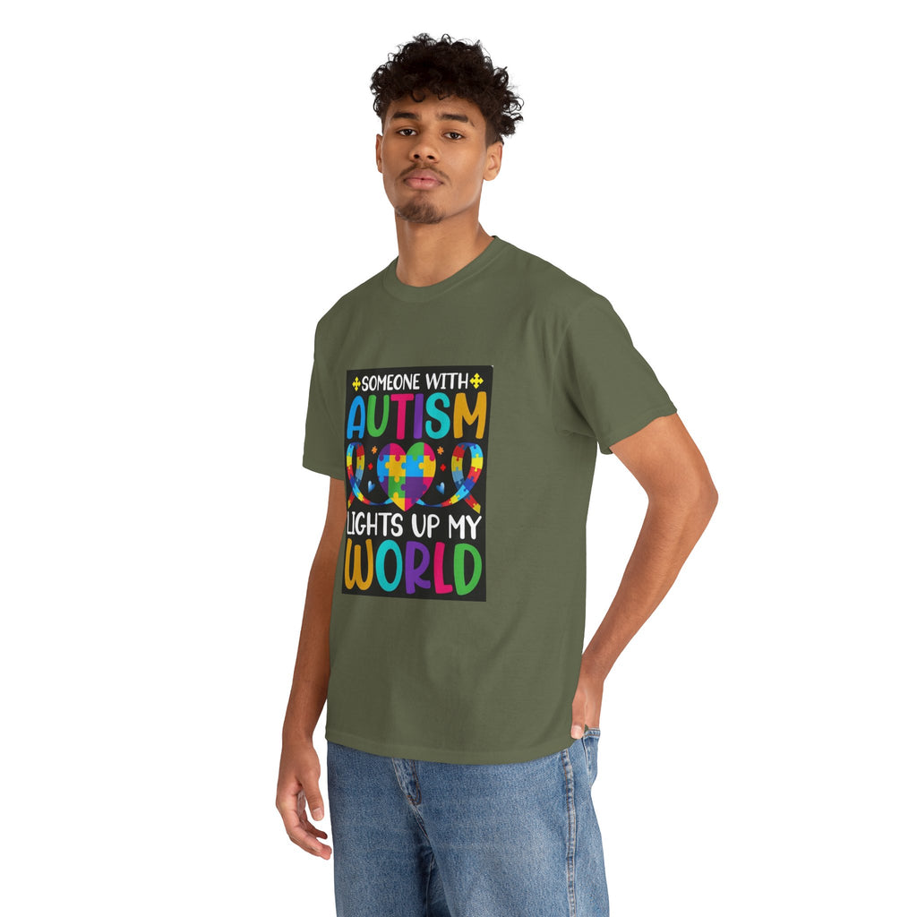 Autism Awareness T-Shirt — “Someone With Autism Lights Up My World” Colorful Puzzle Tee