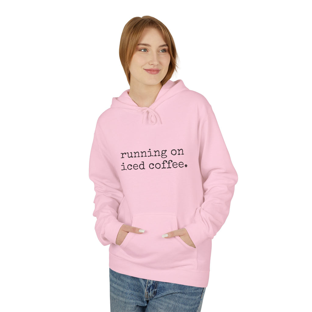 Coffee Hoodie - "running on iced coffee." Minimal Casual Pullover for Coffee Lovers