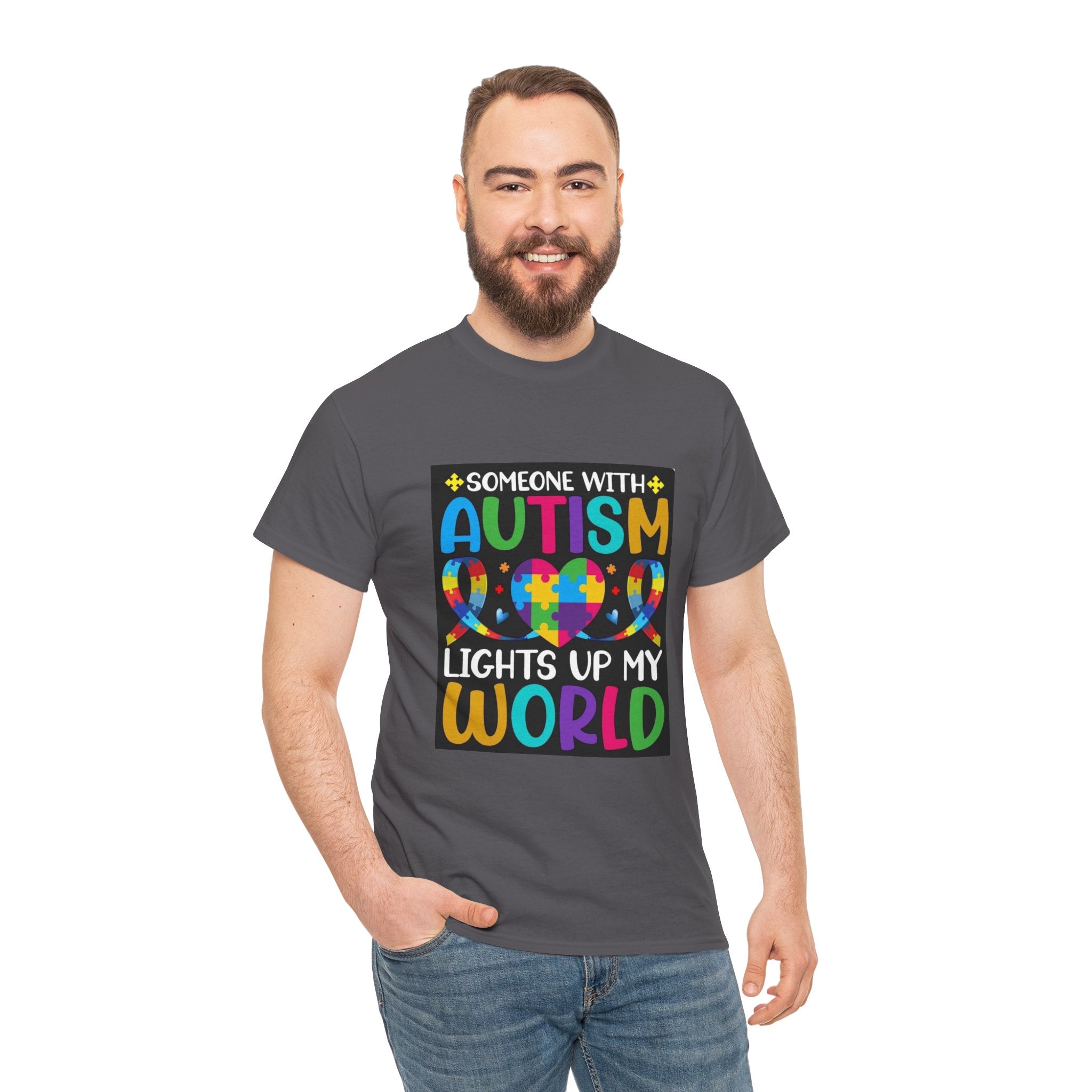 Autism Awareness T-Shirt — “Someone With Autism Lights Up My World” Colorful Puzzle Tee