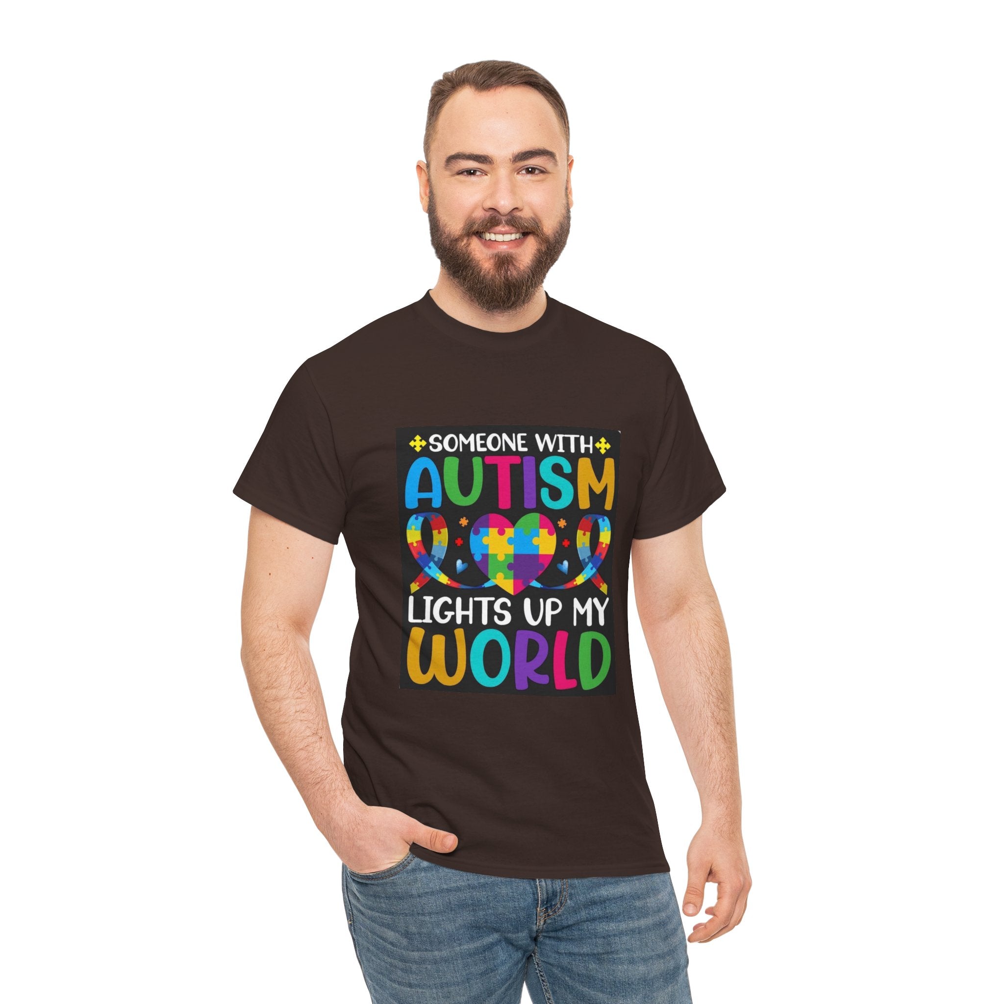 Autism Awareness T-Shirt — “Someone With Autism Lights Up My World” Colorful Puzzle Tee
