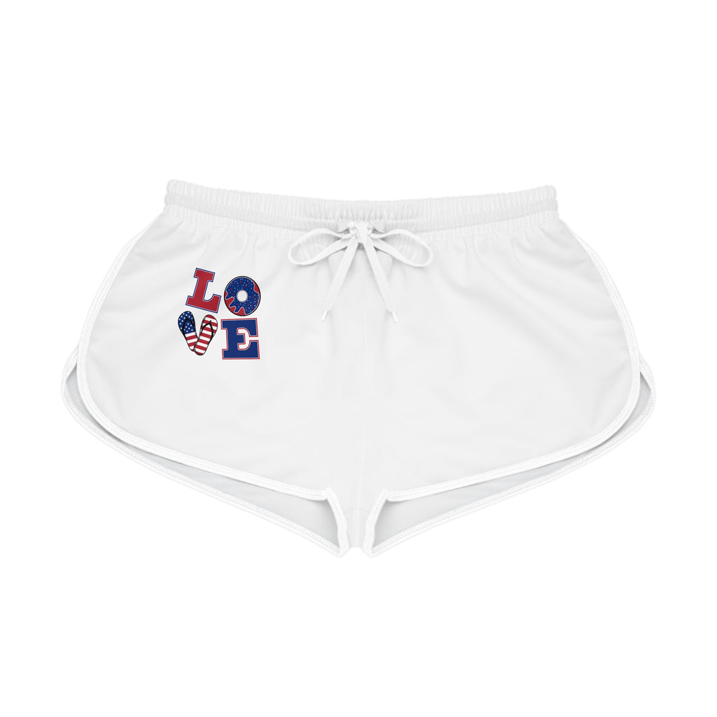 Patriotic "LOVE" Women's Relaxed Shorts – American Flag Heart Summer Lounge Shorts
