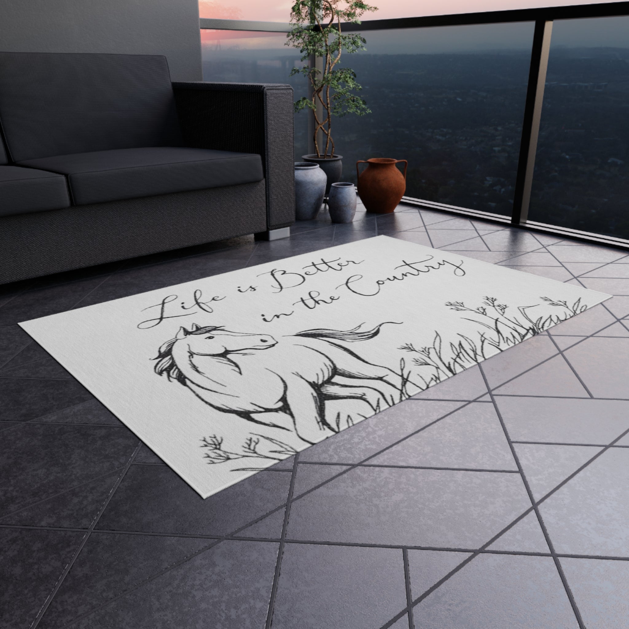 Outdoor Rug – "Life is Better in the Country" Horse Print