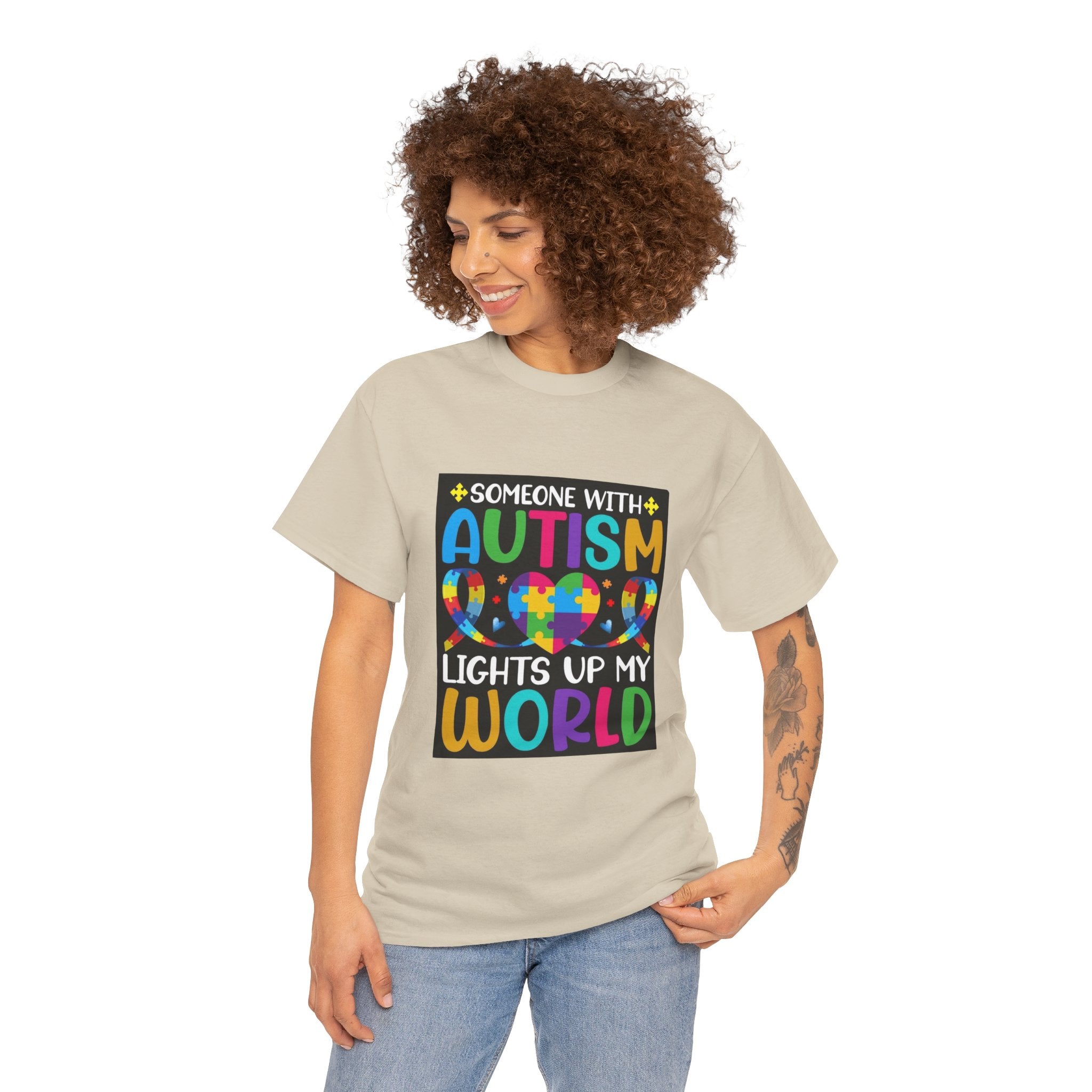 Autism Awareness T-Shirt — “Someone With Autism Lights Up My World” Colorful Puzzle Tee
