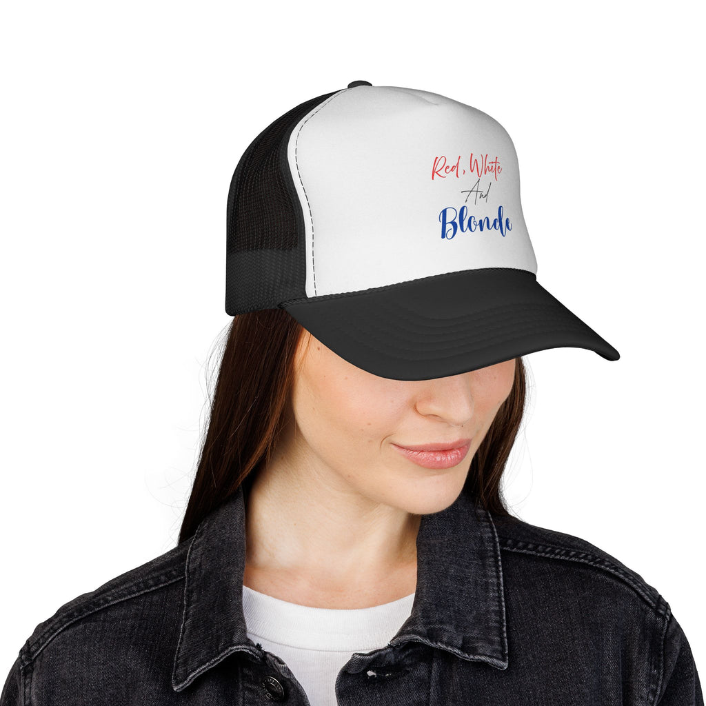 Red, White and Blonde Trucker Hat — Patriotic Fourth of July Cap for Blonde Girls