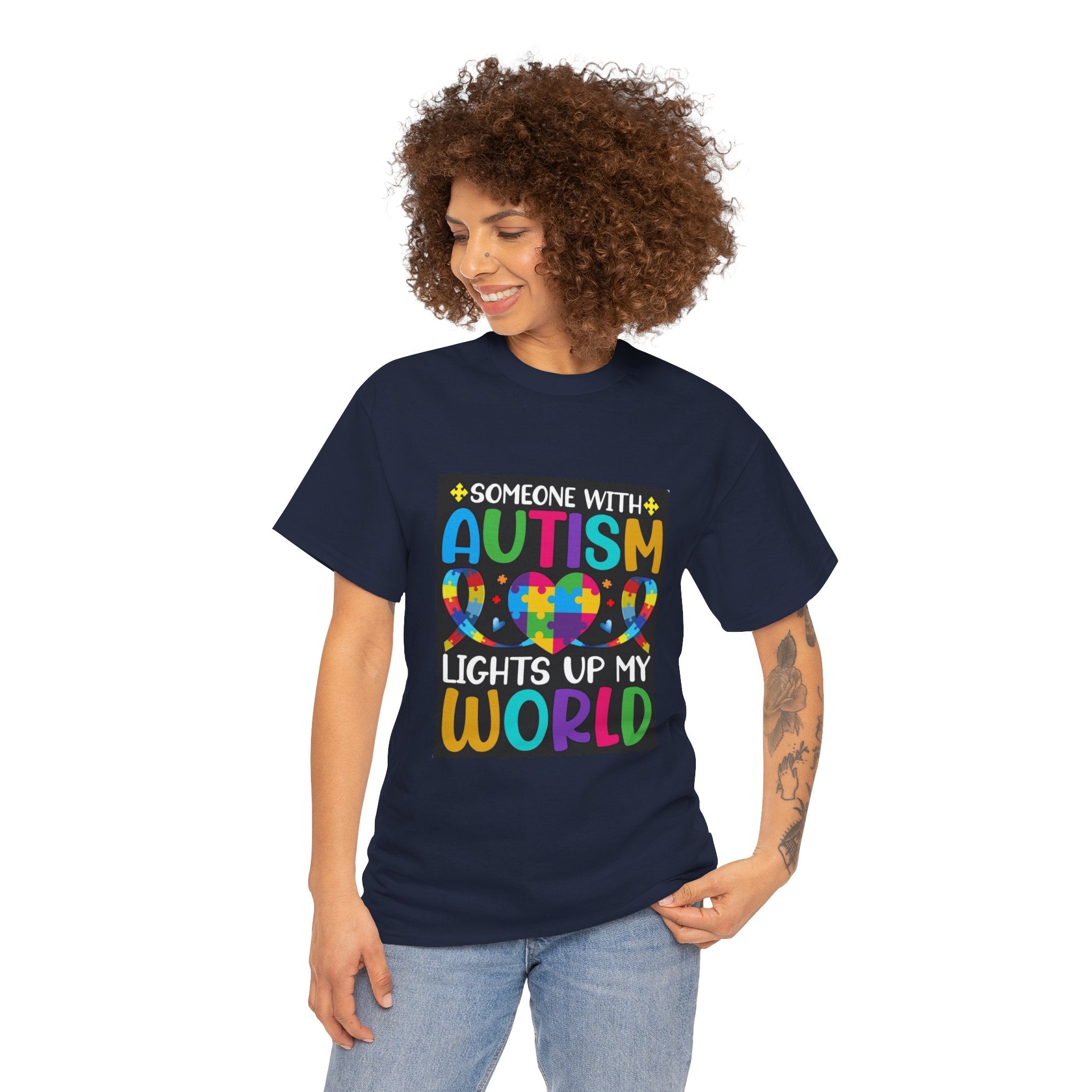 Autism Awareness T-Shirt — “Someone With Autism Lights Up My World” Colorful Puzzle Tee
