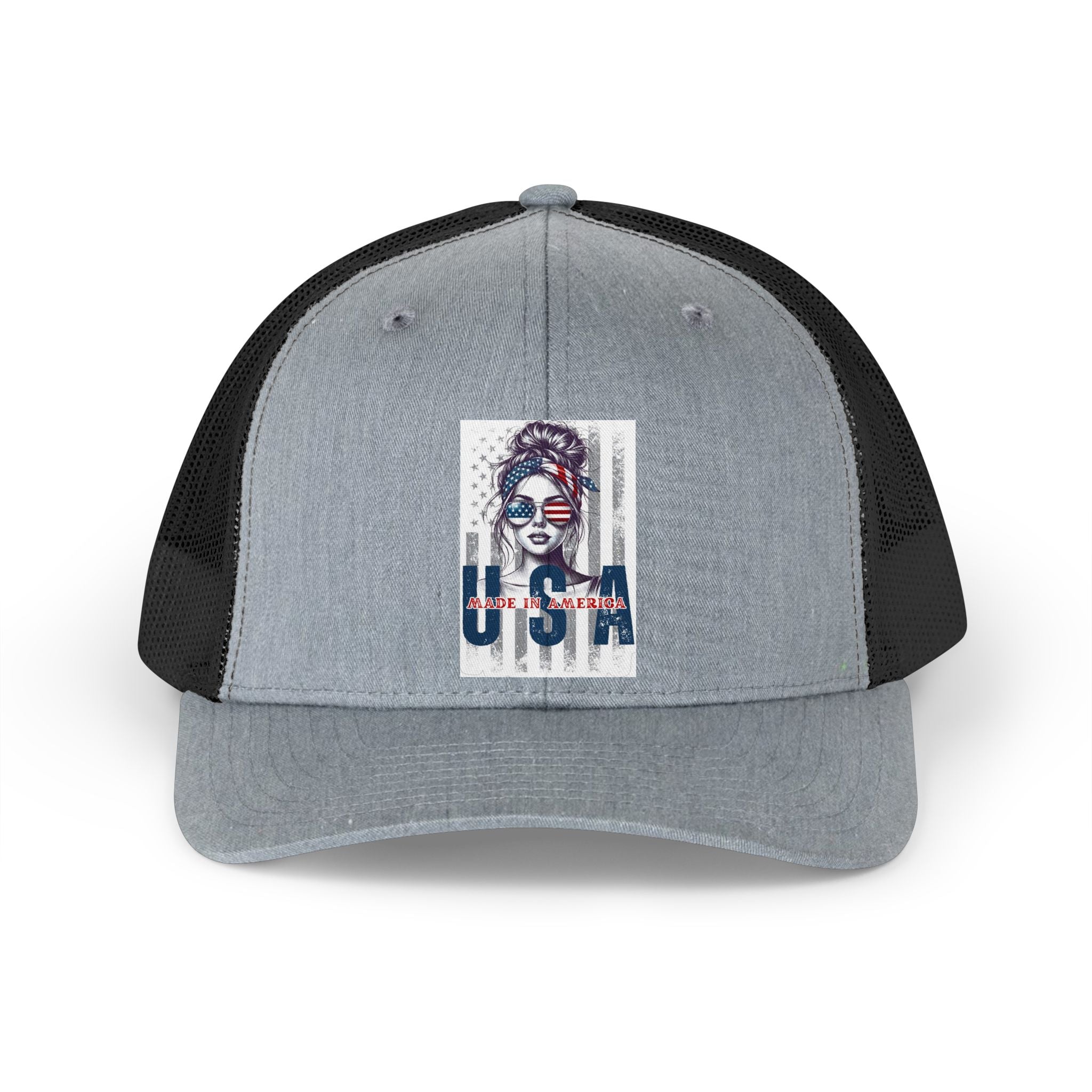 USA Retro Trucker Hat — Patriotic Vintage Woman Graphic Cap