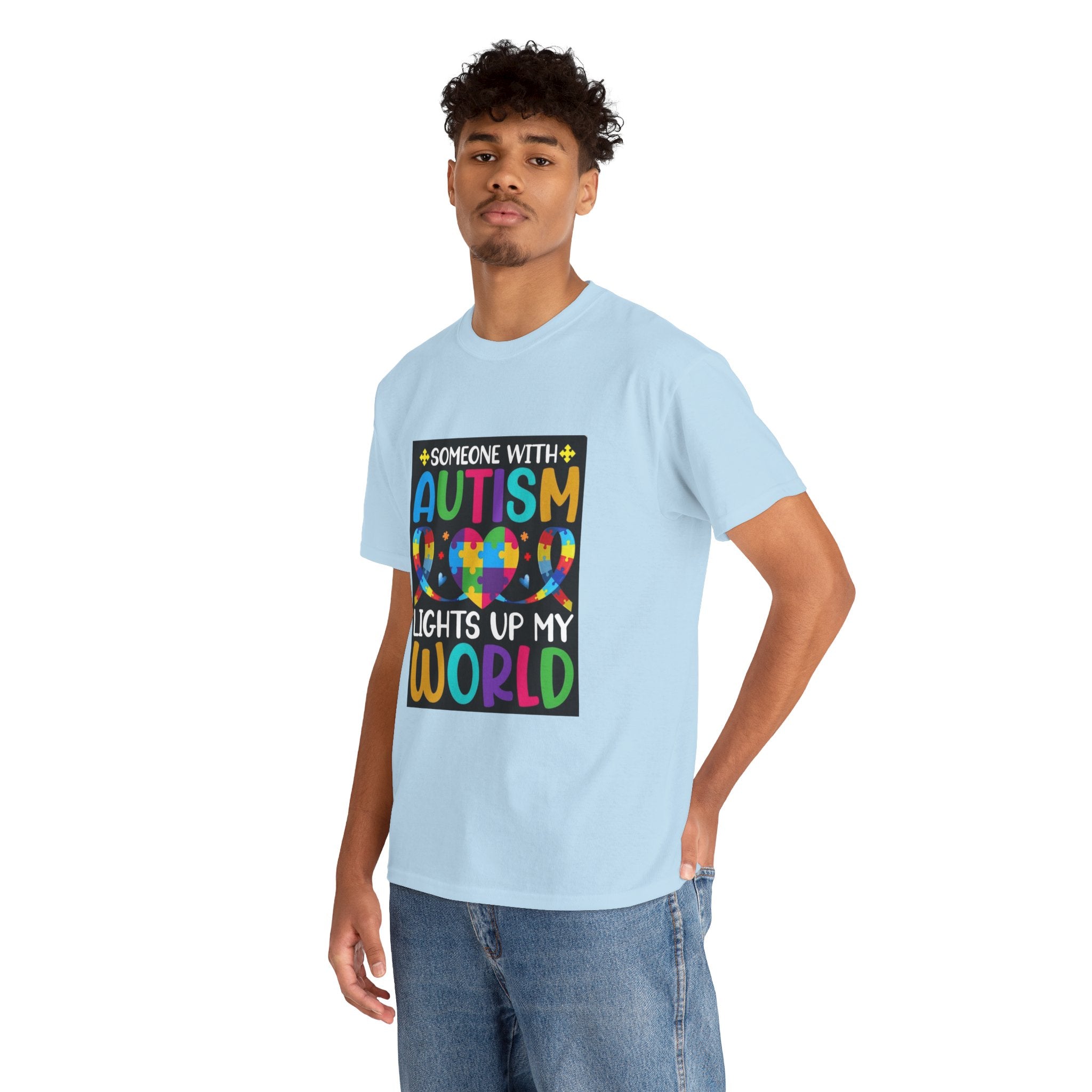Autism Awareness T-Shirt — “Someone With Autism Lights Up My World” Colorful Puzzle Tee